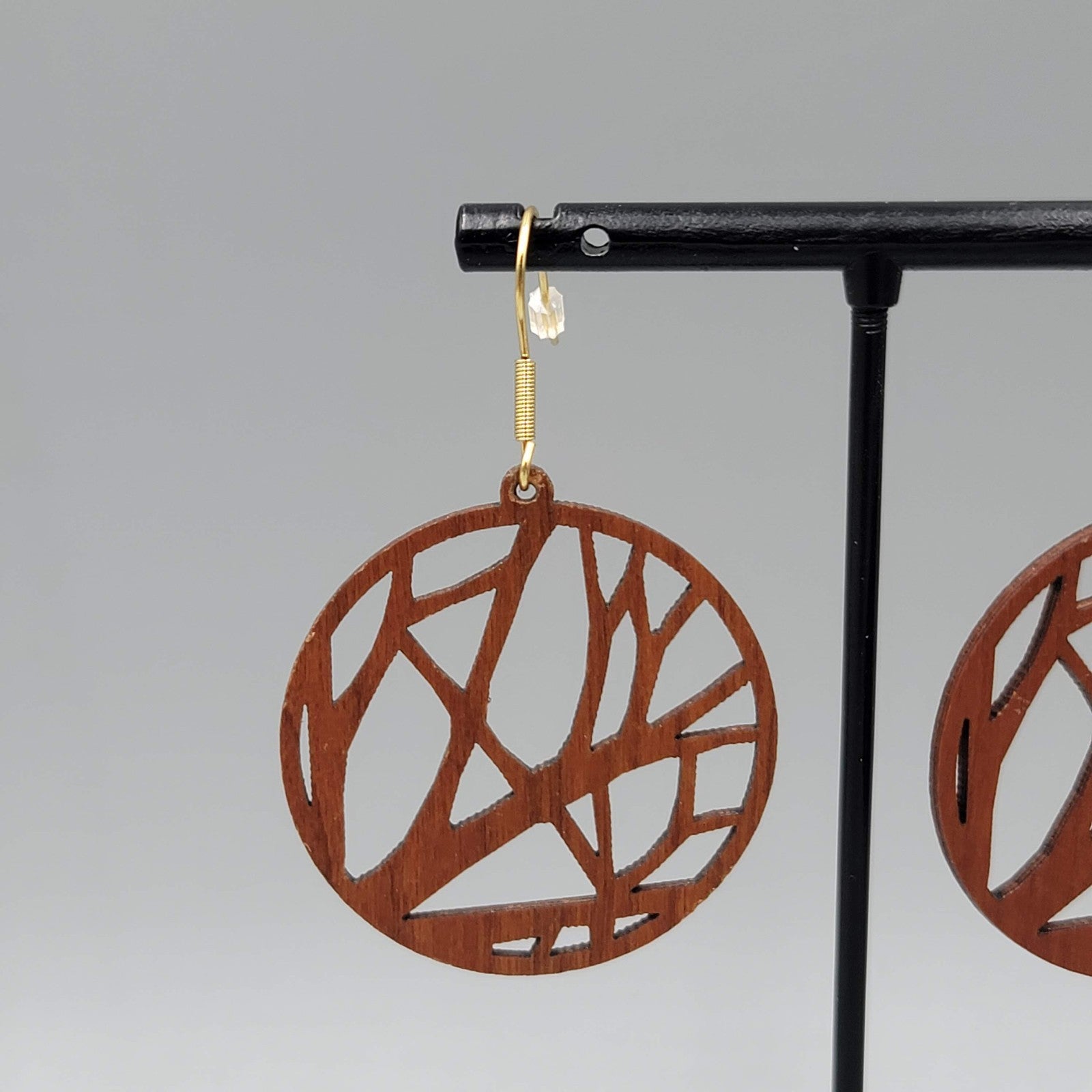 Laser Cut Wood Pierced Earrings Round Gold tone Dangle 1.5 in