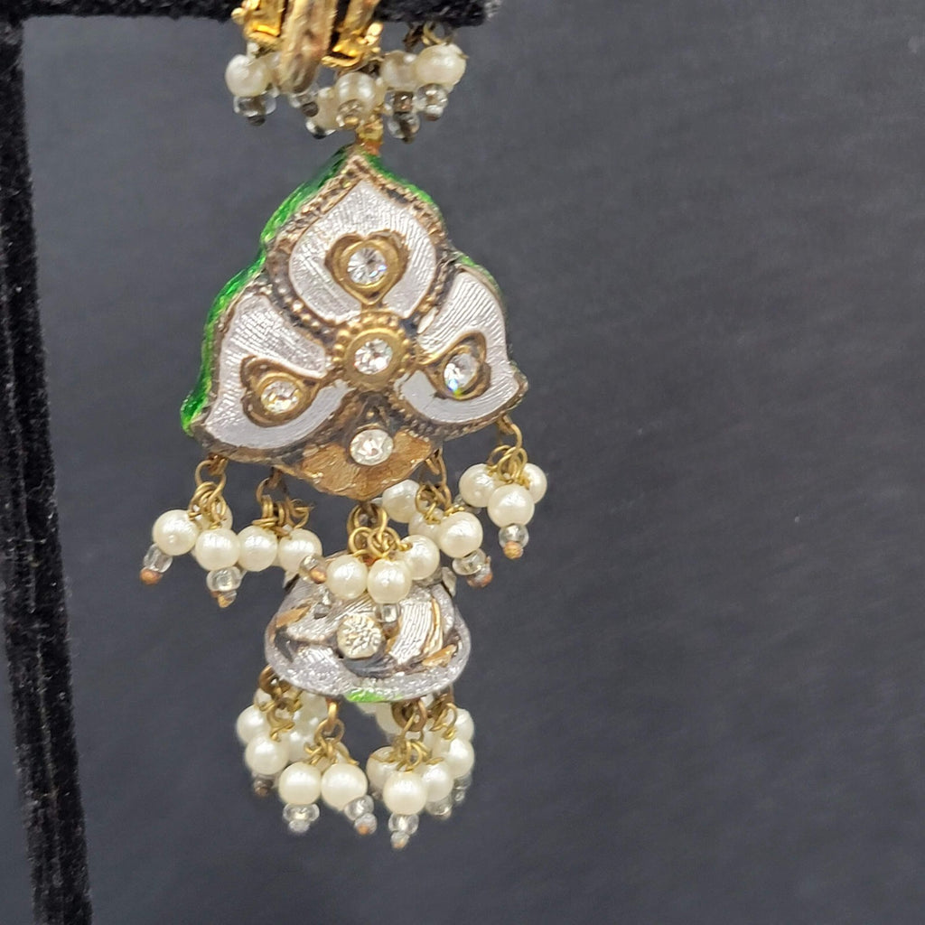 Clip on Earrings Large Enamel Guilloche Beaded Chandelier India Jewelry 2.75"