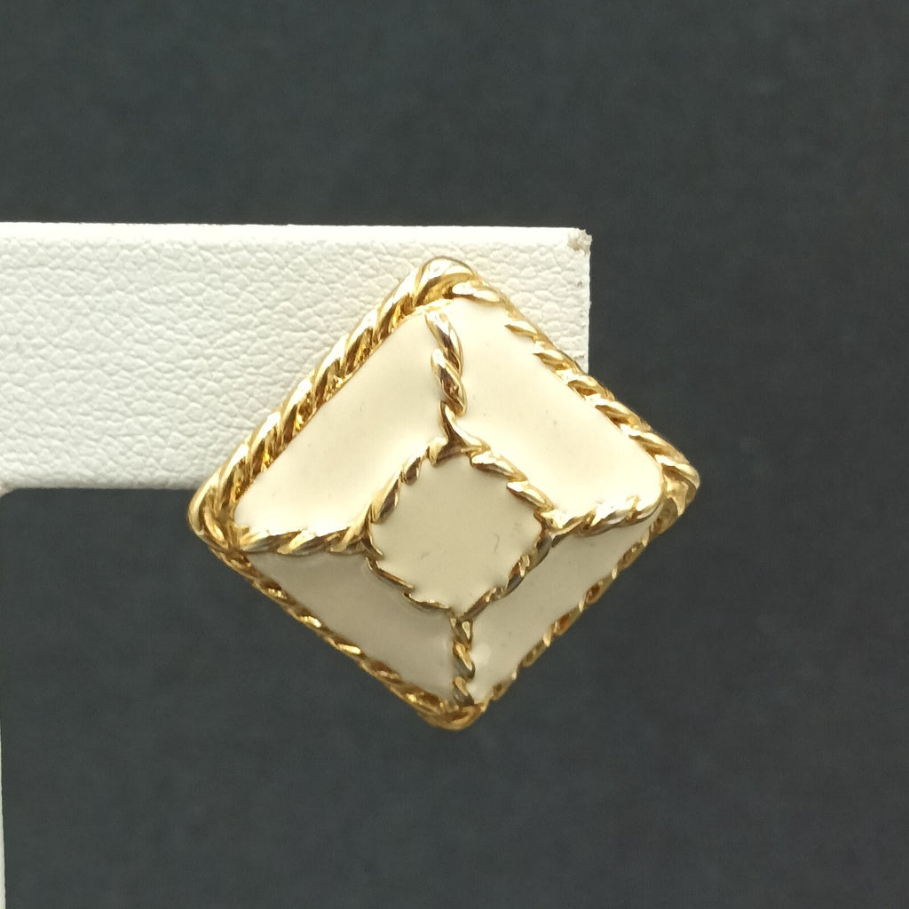 Vintage Pierced Earrings Gold Plated Cream Enamel Geometric Drop 1"
