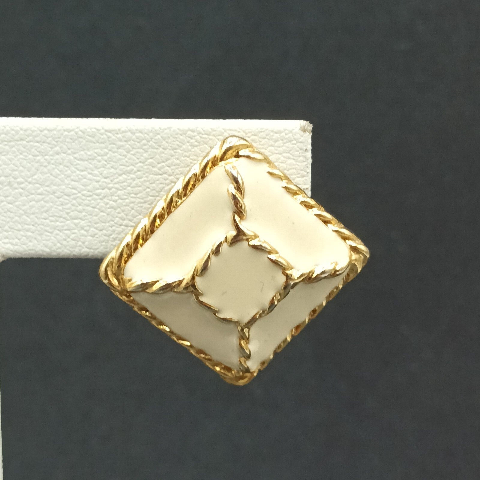 Vintage Pierced Earrings Gold Plated Cream Enamel Geometric Drop 1"