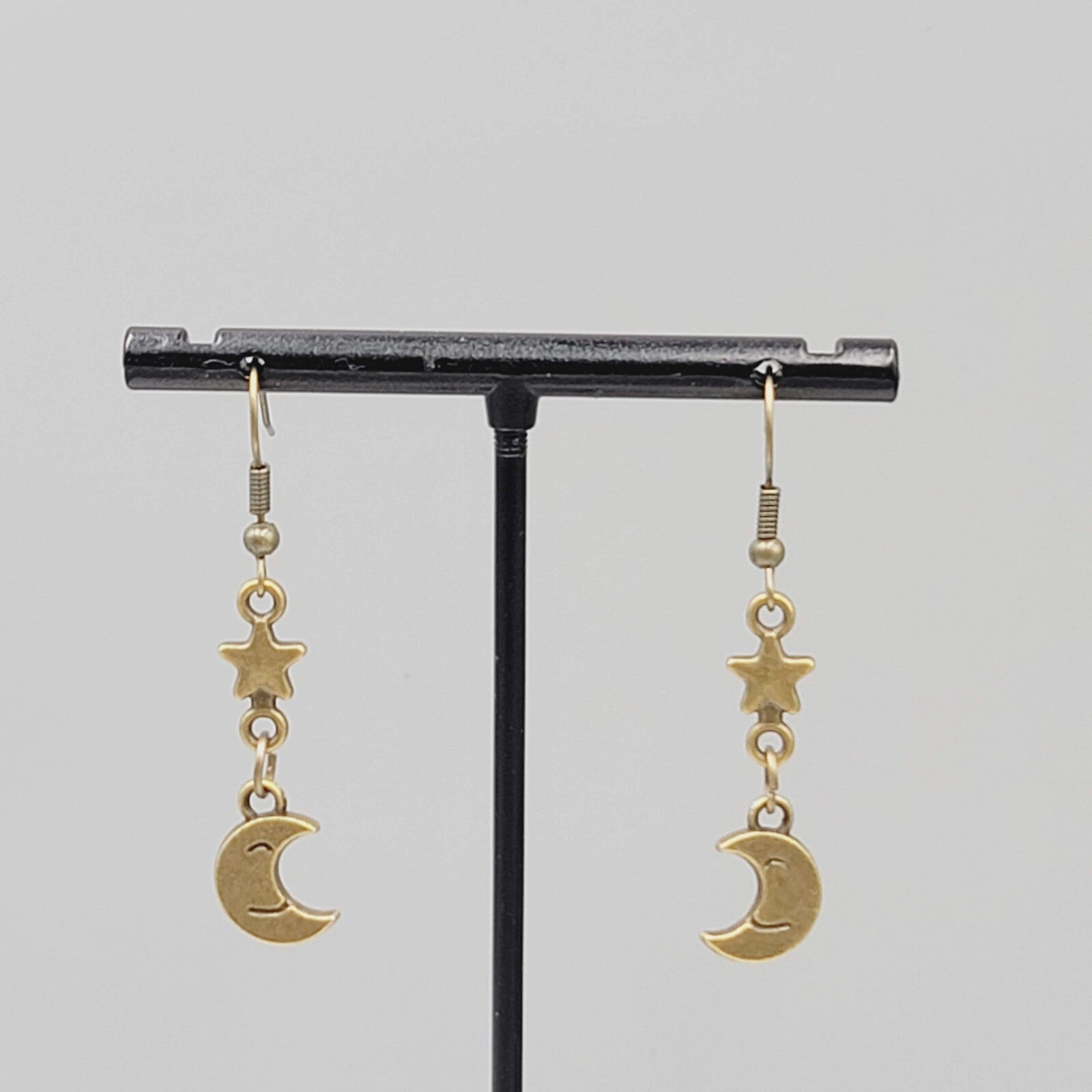 New Crescent Smiling Moon Star Pierced Earrings Bronze tone Dangle 1.25"