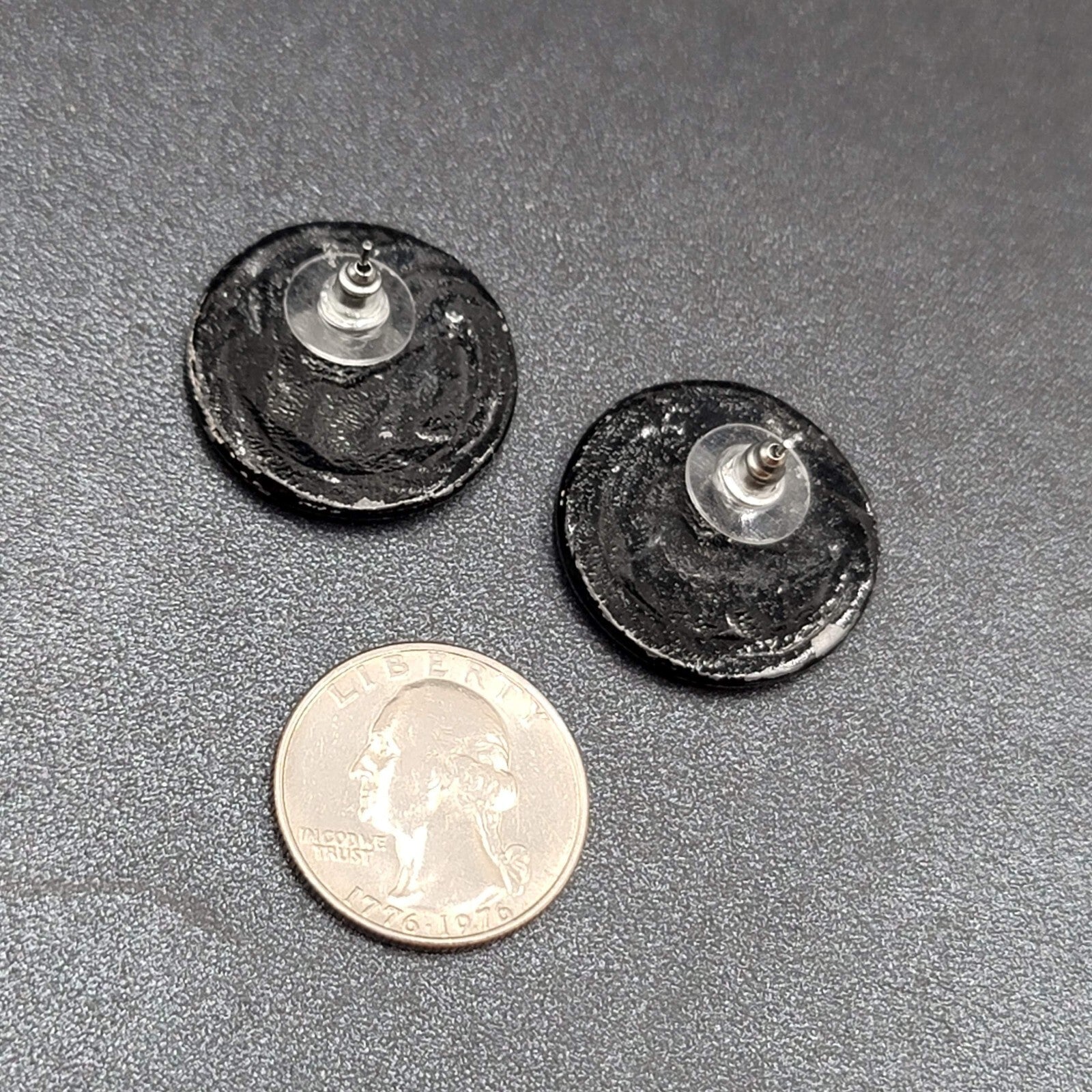 Vintage Pierced Earrings Purple Black Enamel over Metal Round Drop 1"