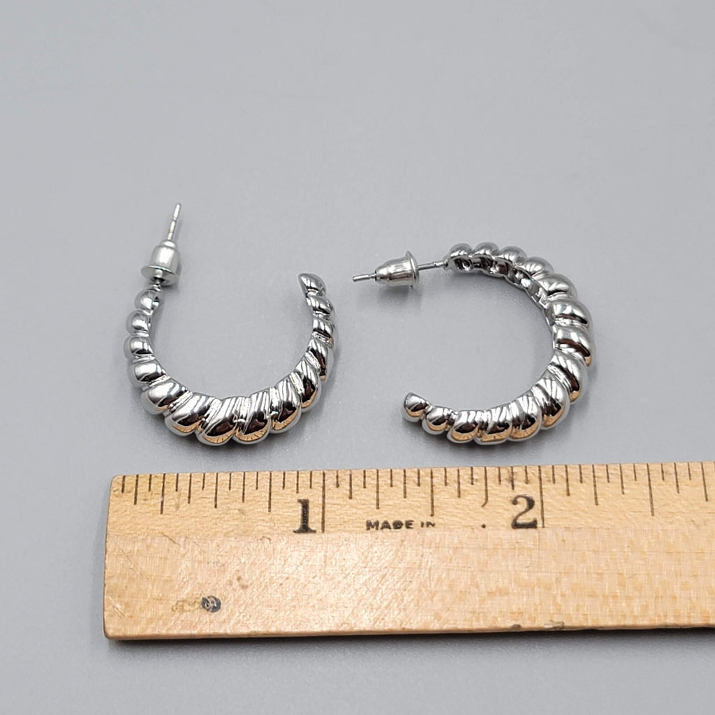 Silver Plated Hoops Pierced Earrings Ribbed Design 1"