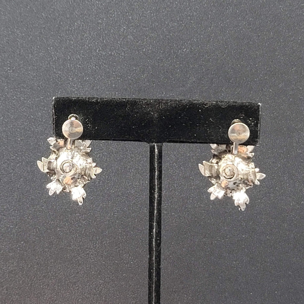 Vintage Clip on Earrings Silver tone 3D Flower Rhinestone Dangle 1"