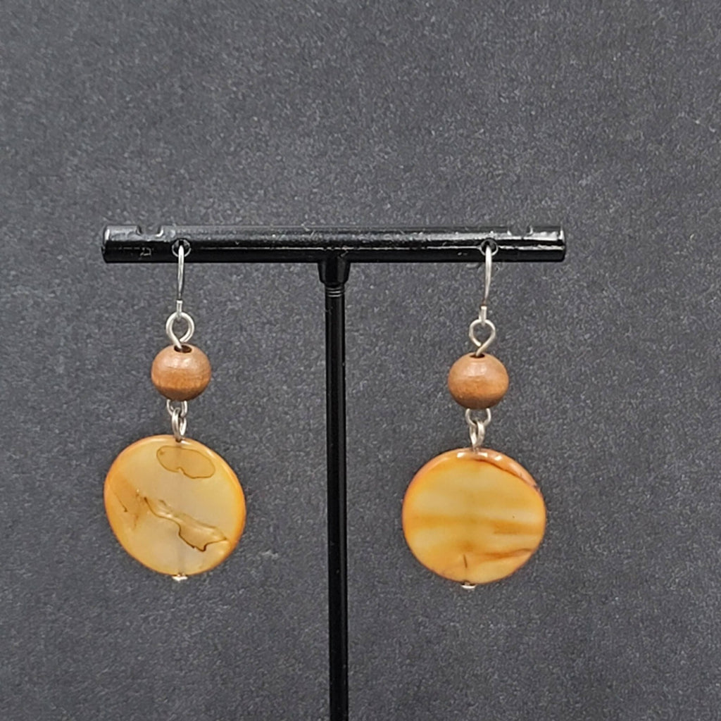 Pierced Earrings Silver tone Wood Bead Brown Round Shell Dangle 1.5"