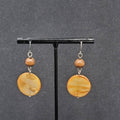 Pierced Earrings Silver tone Wood Bead Brown Round Shell Dangle 1.5"