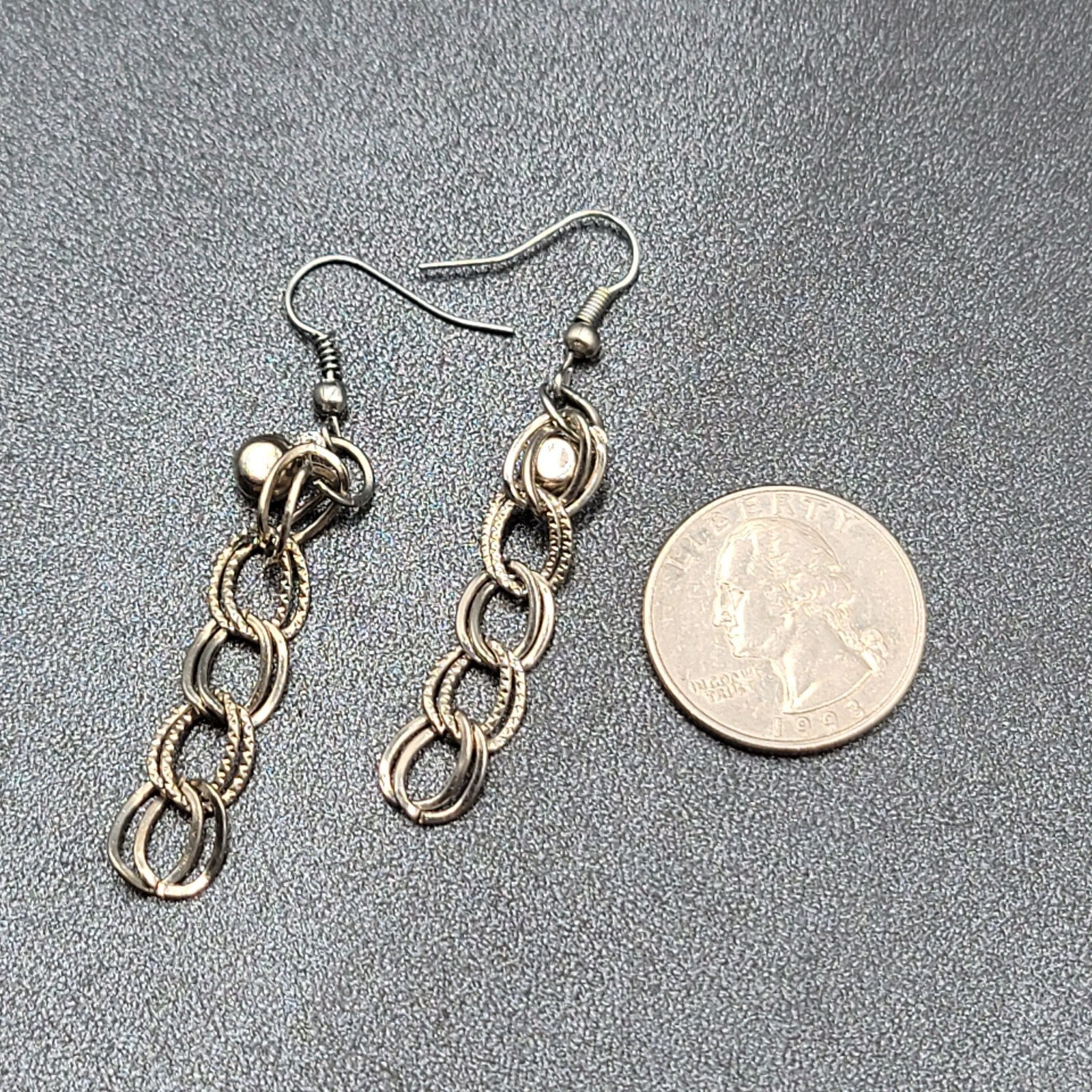 Pierced Earrings Silver tone Rhinestone Dangle Chain 1.75"