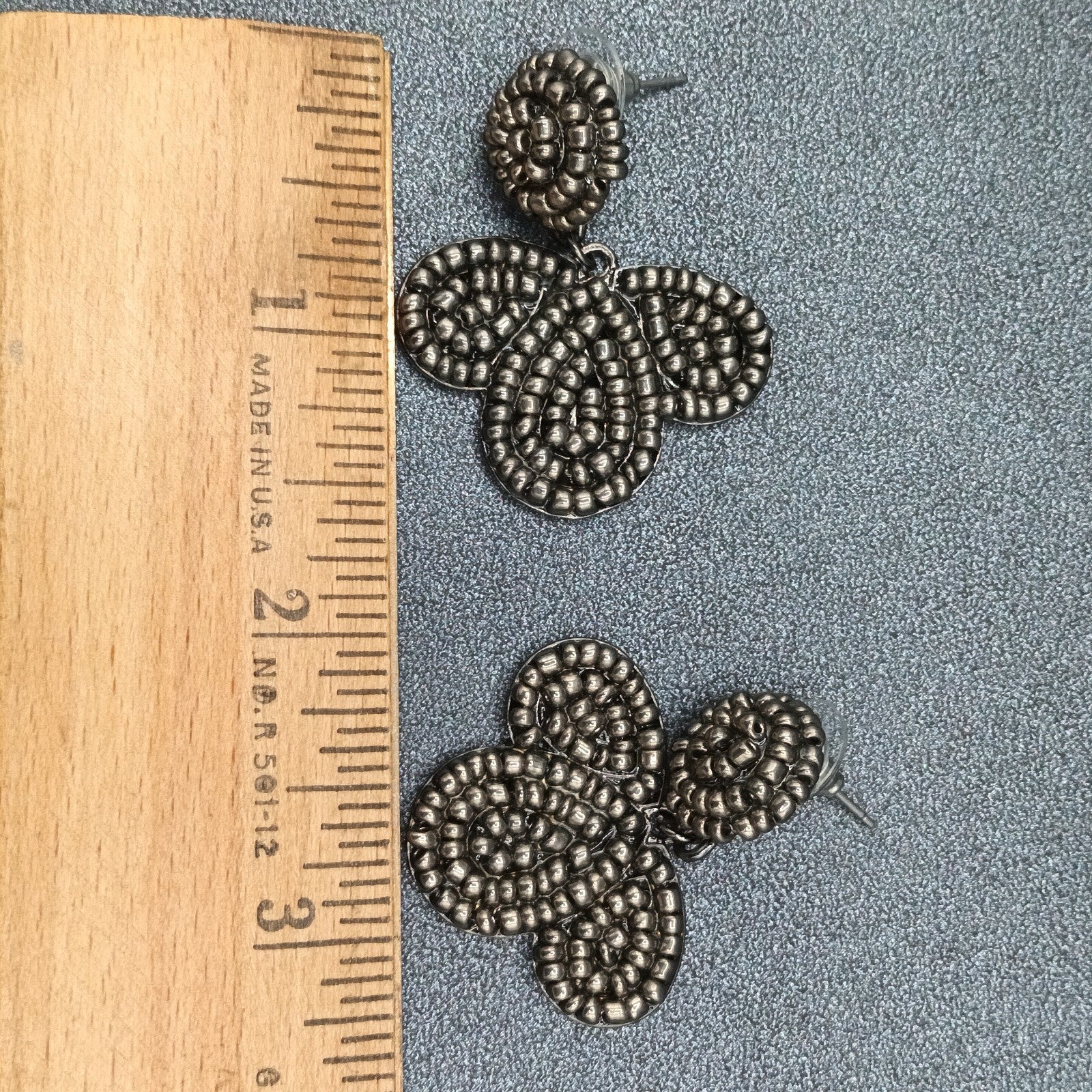Vintage Pierced Earrings Black Metal Molded Beaded  Dangle 1 5/8"