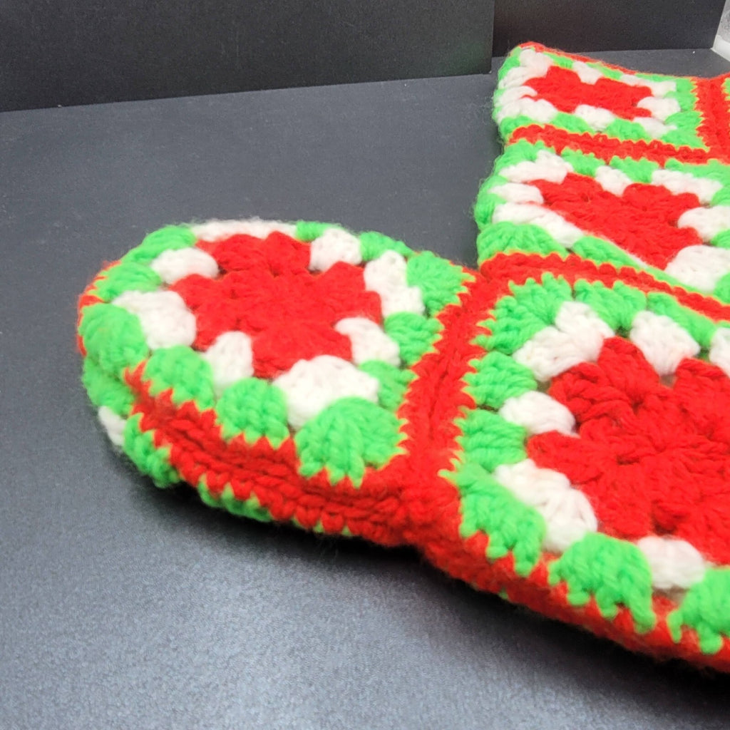 Handmade Crocheted Granny Square Red Green White Christmas Stocking 15"