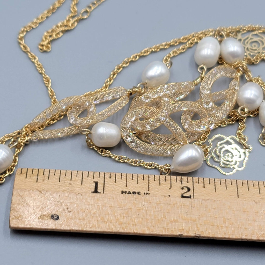 Long Dainty Pearl Necklace Gold Plated Mesh Clover Station 40"-42"