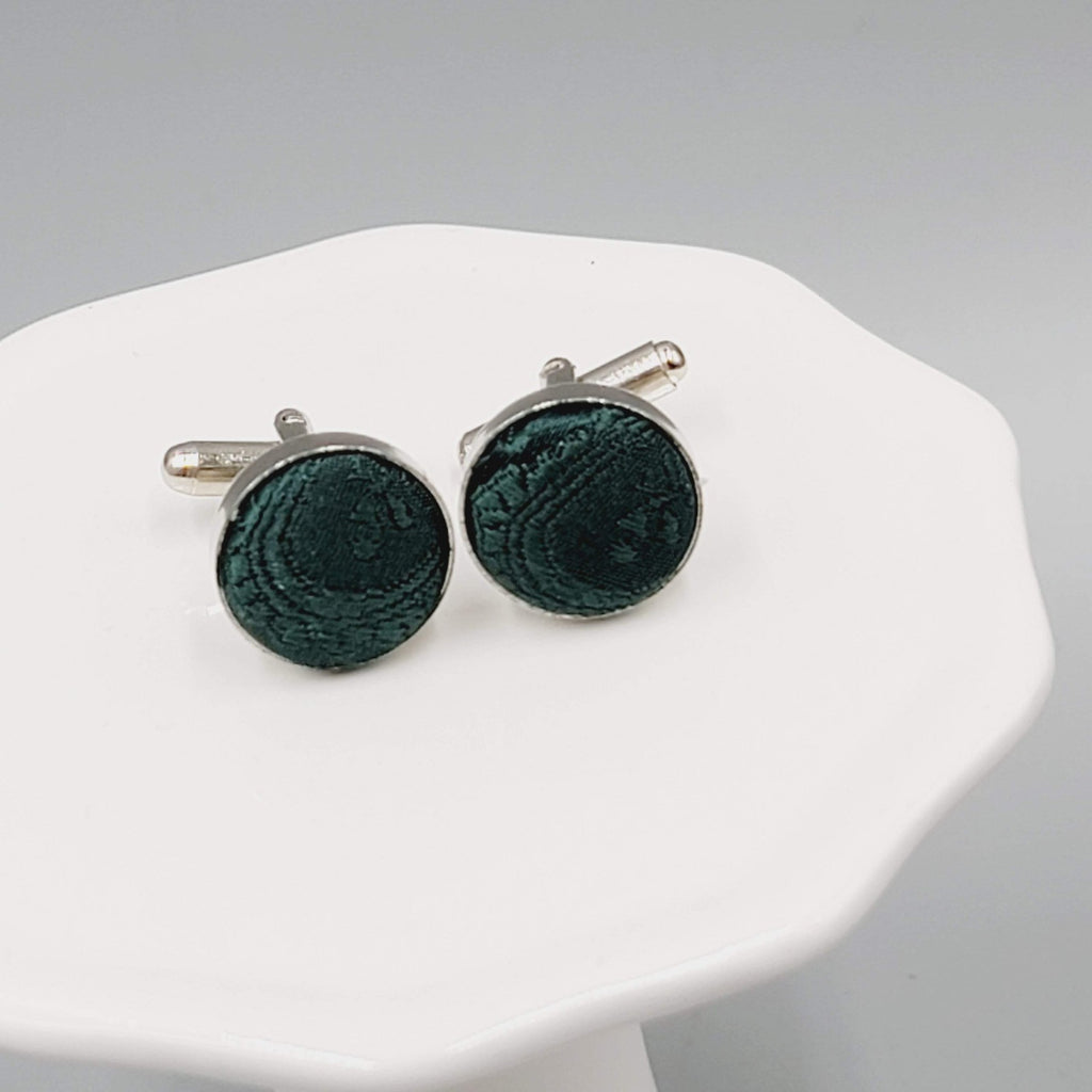 Mens Cufflinks Silver tone Round Evergreen Green Fabric Modern 5/8"