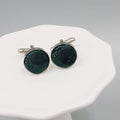 Mens Cufflinks Silver tone Round Evergreen Green Fabric Modern 5/8"