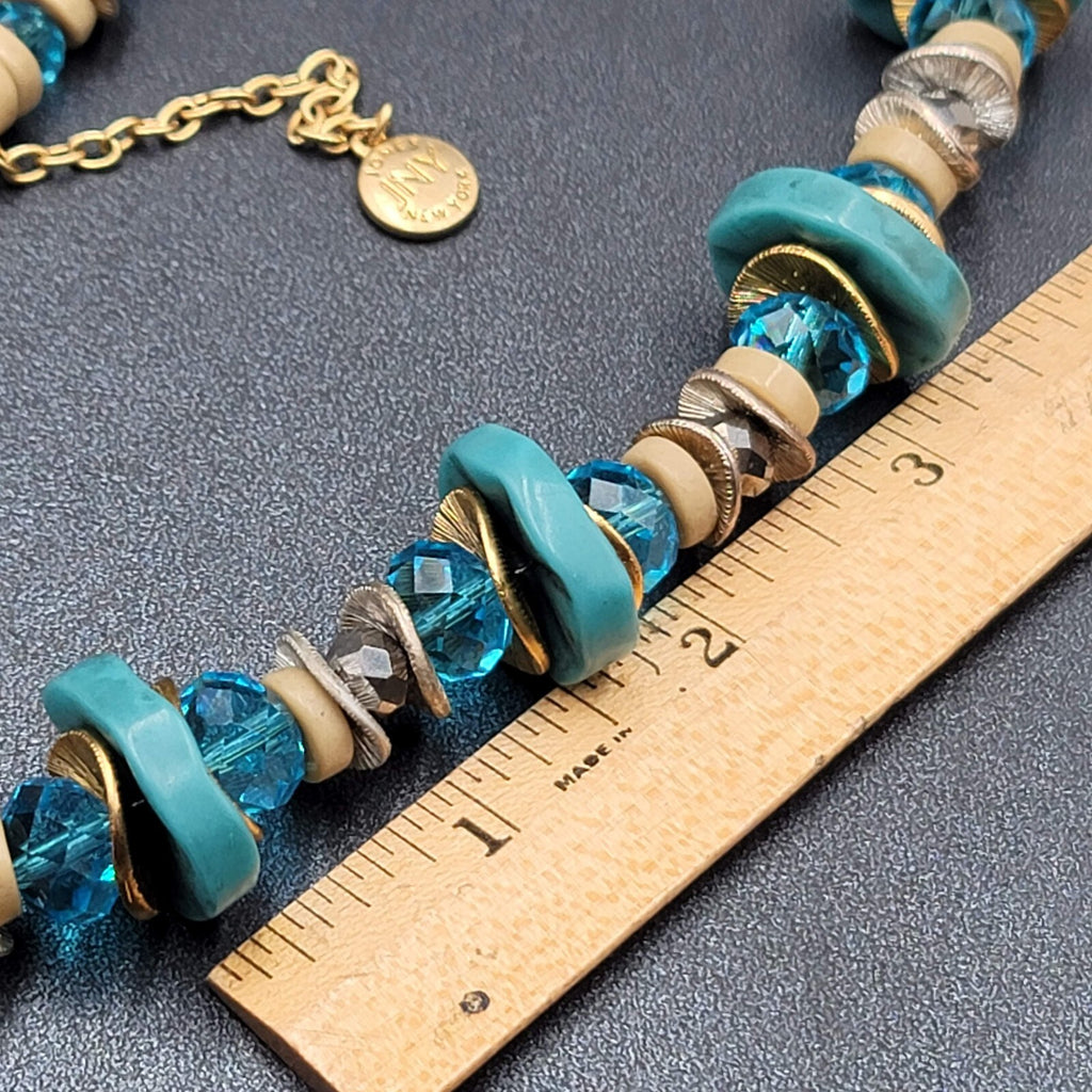 JONES NEW YORK JNY Signed Gold Tone Blue Chunky Beads Necklace 16"-19"