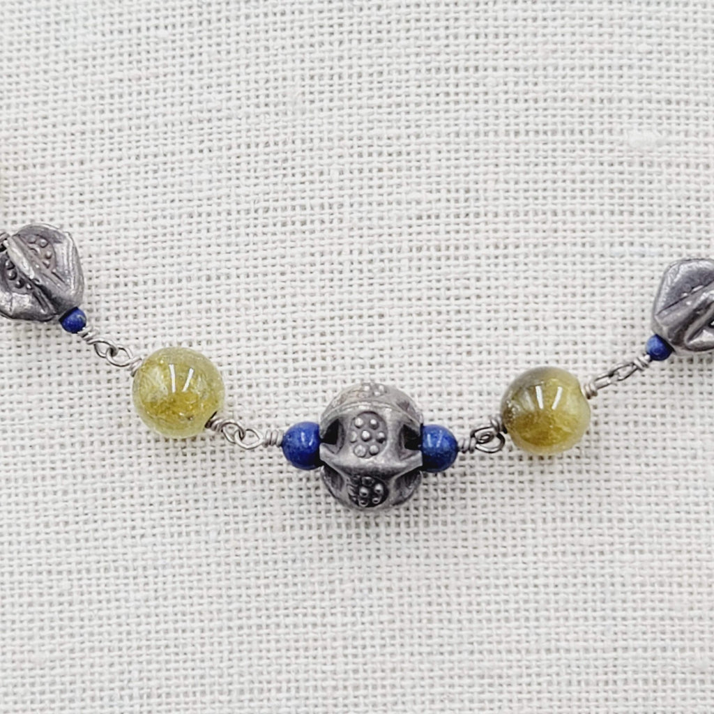 Sterling Silver Necklace Green Glass Blue Lapis Beads 18"-20"