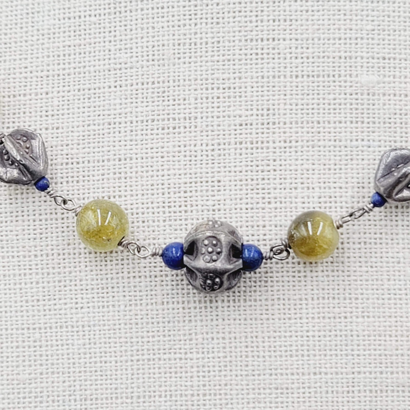 Sterling Silver Necklace Green Glass Blue Lapis Beads 18"-20"