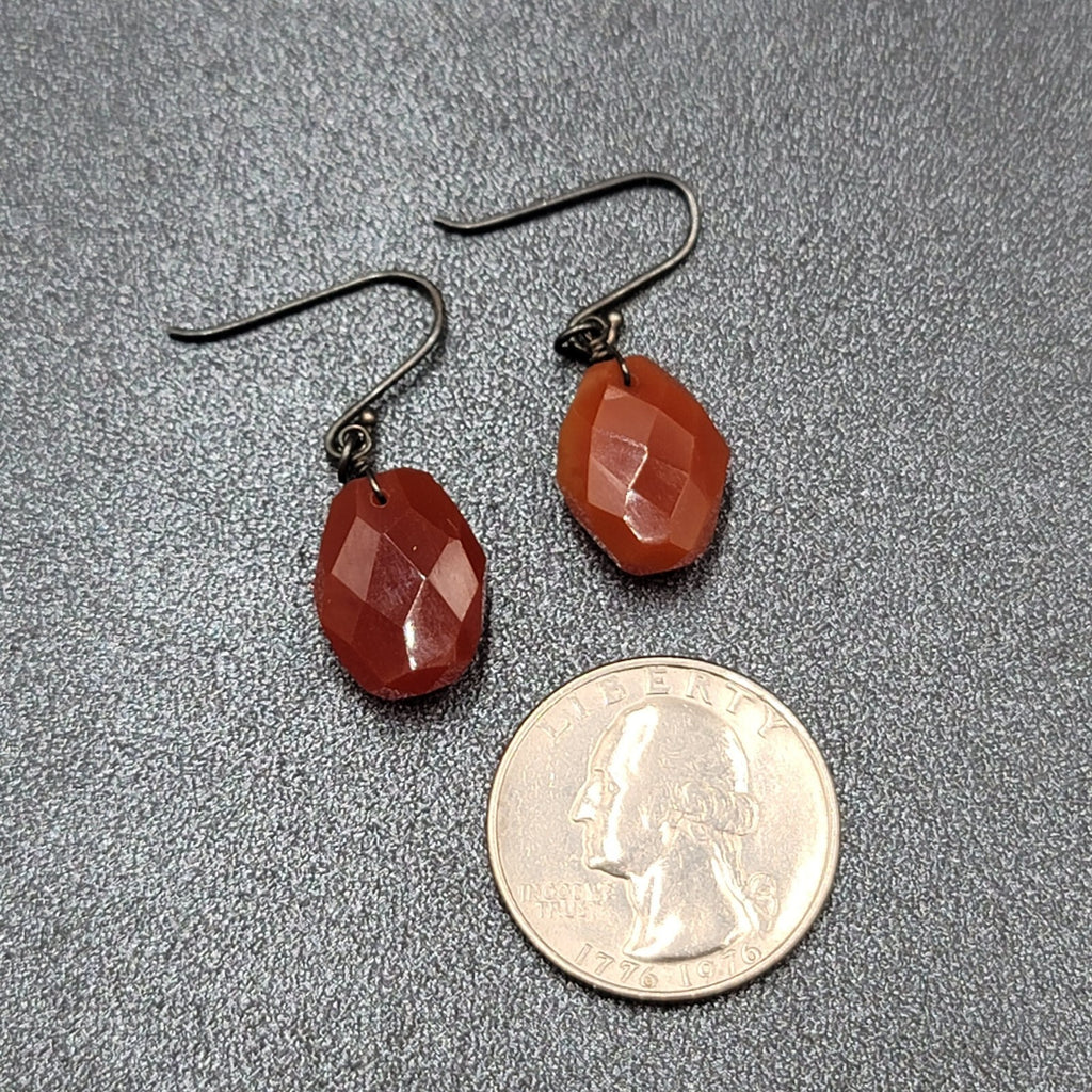 Pierced Earrings Carnelian Faceted Stone Bead Black Metal Dangle 5/8"