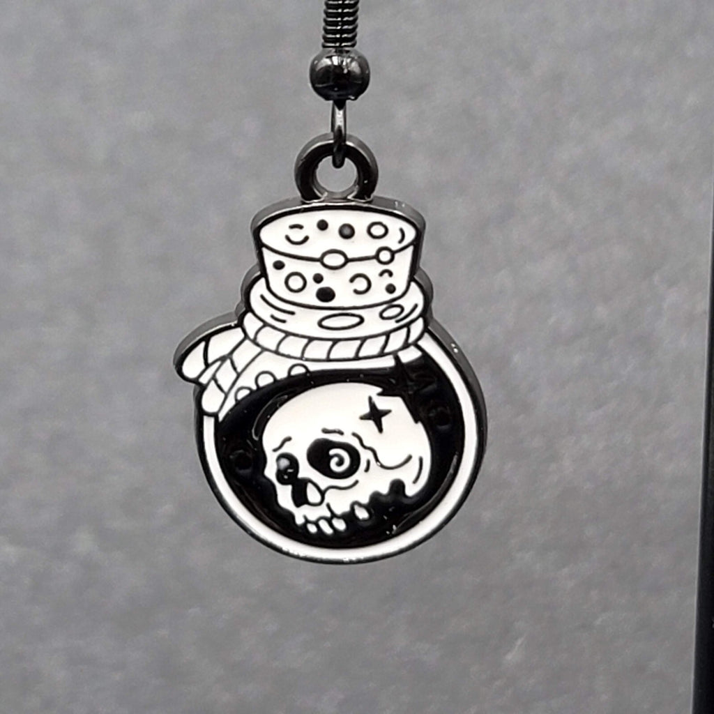 Poison Skull in Jar Pierced Earrings Black White Enamel Dangle Halloween 7/8" 