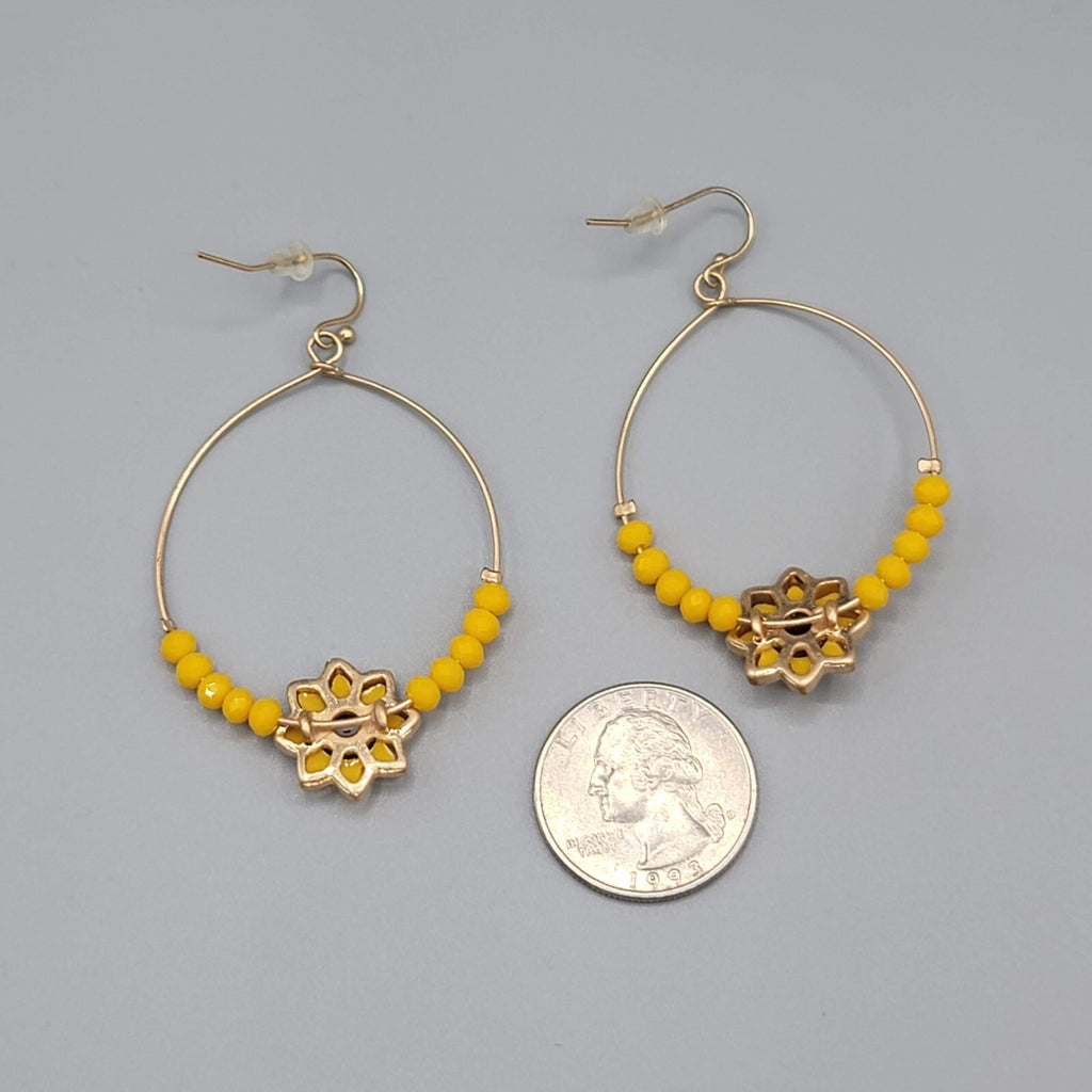 Sunflower Pierced Earrings Gold tone Yellow Bead Dangle hoops 2"