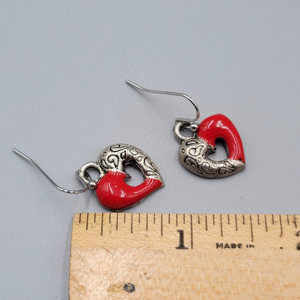 Heart Pierced Earrings Silver tone Red Enamel Dangle 5/8"