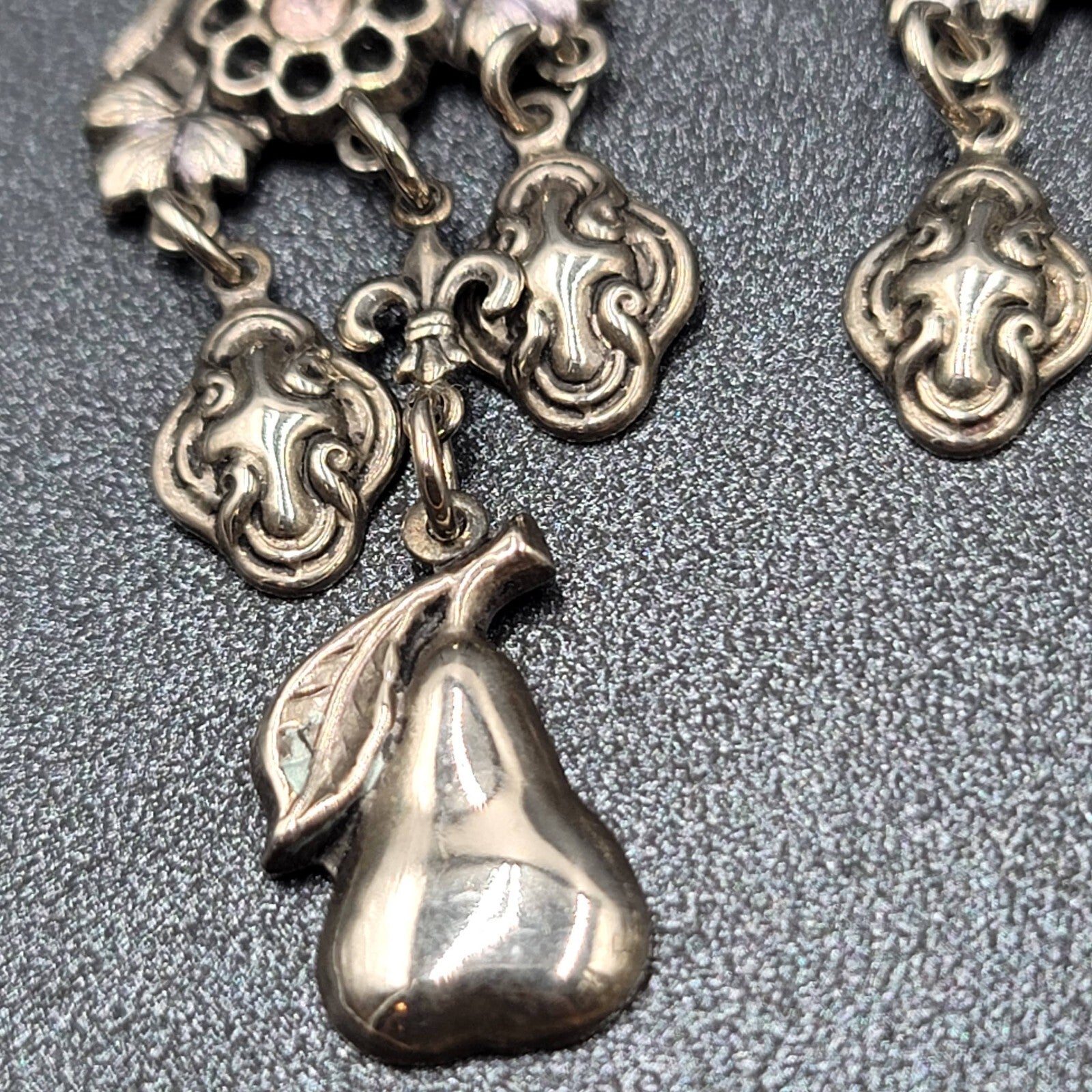 Vintage Pierced Earrings Silver tone Fruit Flowers Leaves Rhinestone 3"