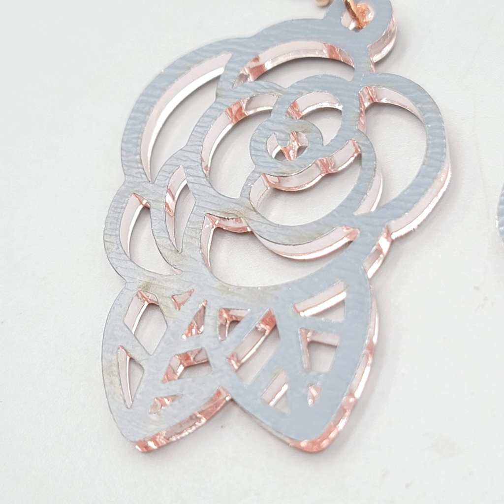 Pink Mirrored Open Work Flower Pierced Earrings Silver tone Dangle 2"