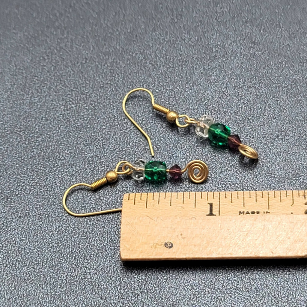Pierced Earrings Gold tone Green Purple Clear Bead Dangle 1"