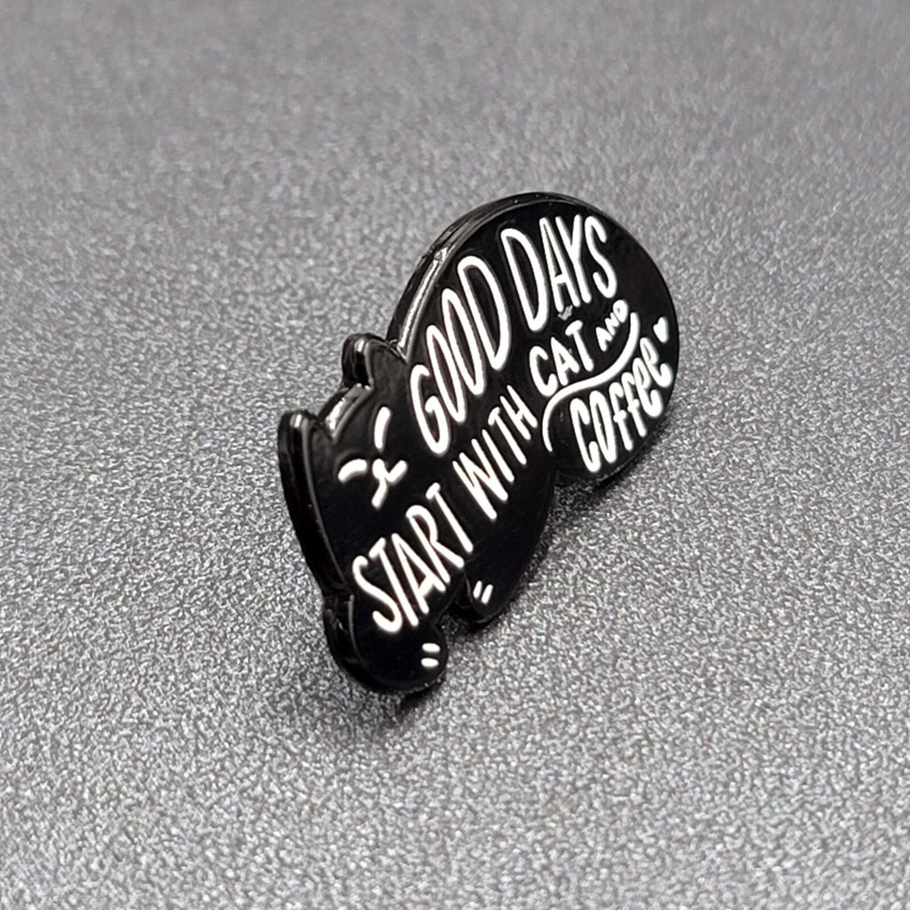 Black Cat Enamel Lapel Hat Pin Good Days start with Cat and Coffee 1 1/8"