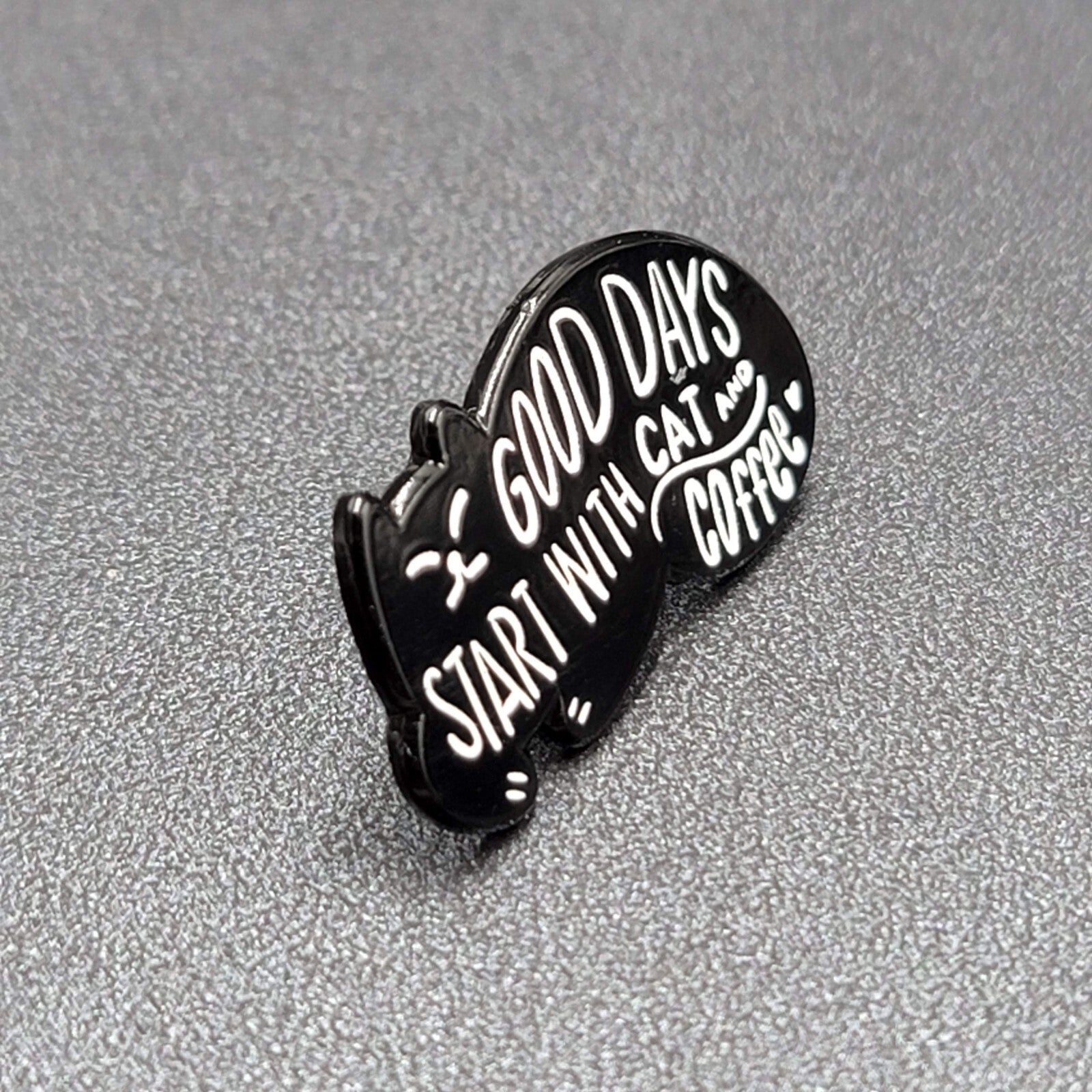 Black Cat Enamel Lapel Hat Pin Good Days start with Cat and Coffee 1 1/8"