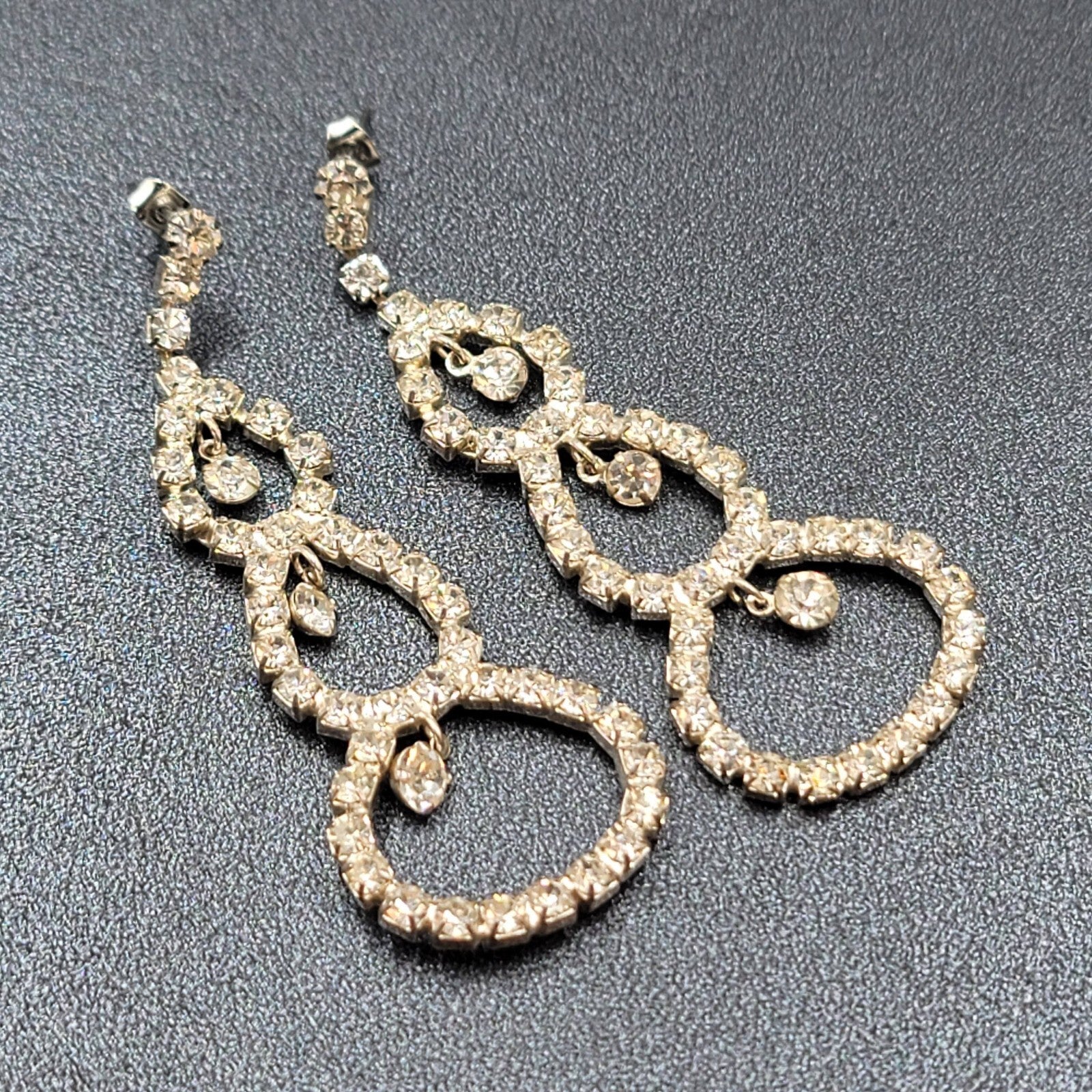 Long Rhinestone Pierced Earrings Silver tone Dangle Open Circles 2.75"