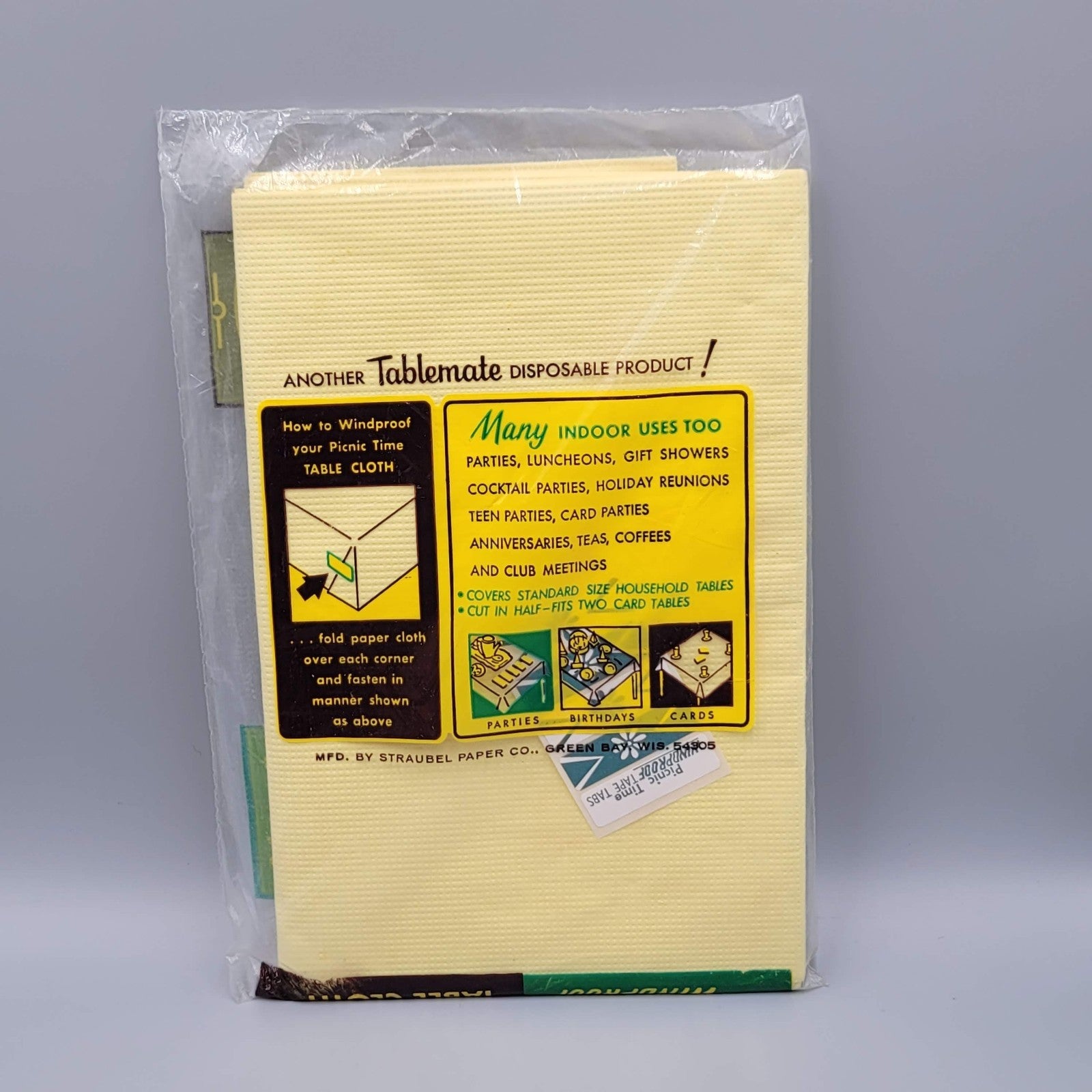 Vintage Yellow Windproof Picnic Time Disposable Table Cloth 6'.6"x3'.4" NIP Prop