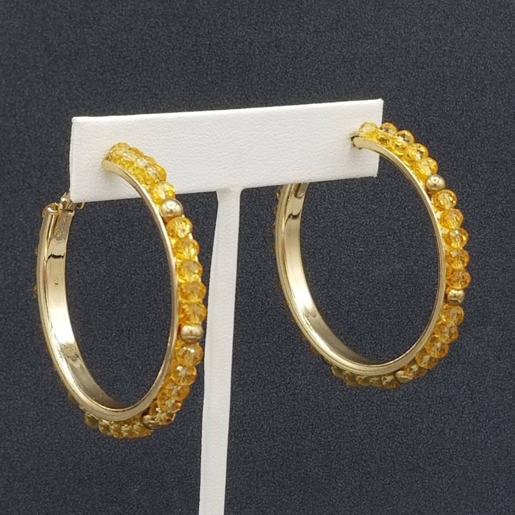 Pierced Earrings Gold tone Faceted Beaded Hoops 2"