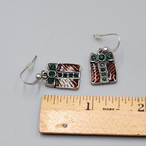 Christmas Present Pierced Earrings Enamel Rhinestone Silver tone Dangle 3/4"