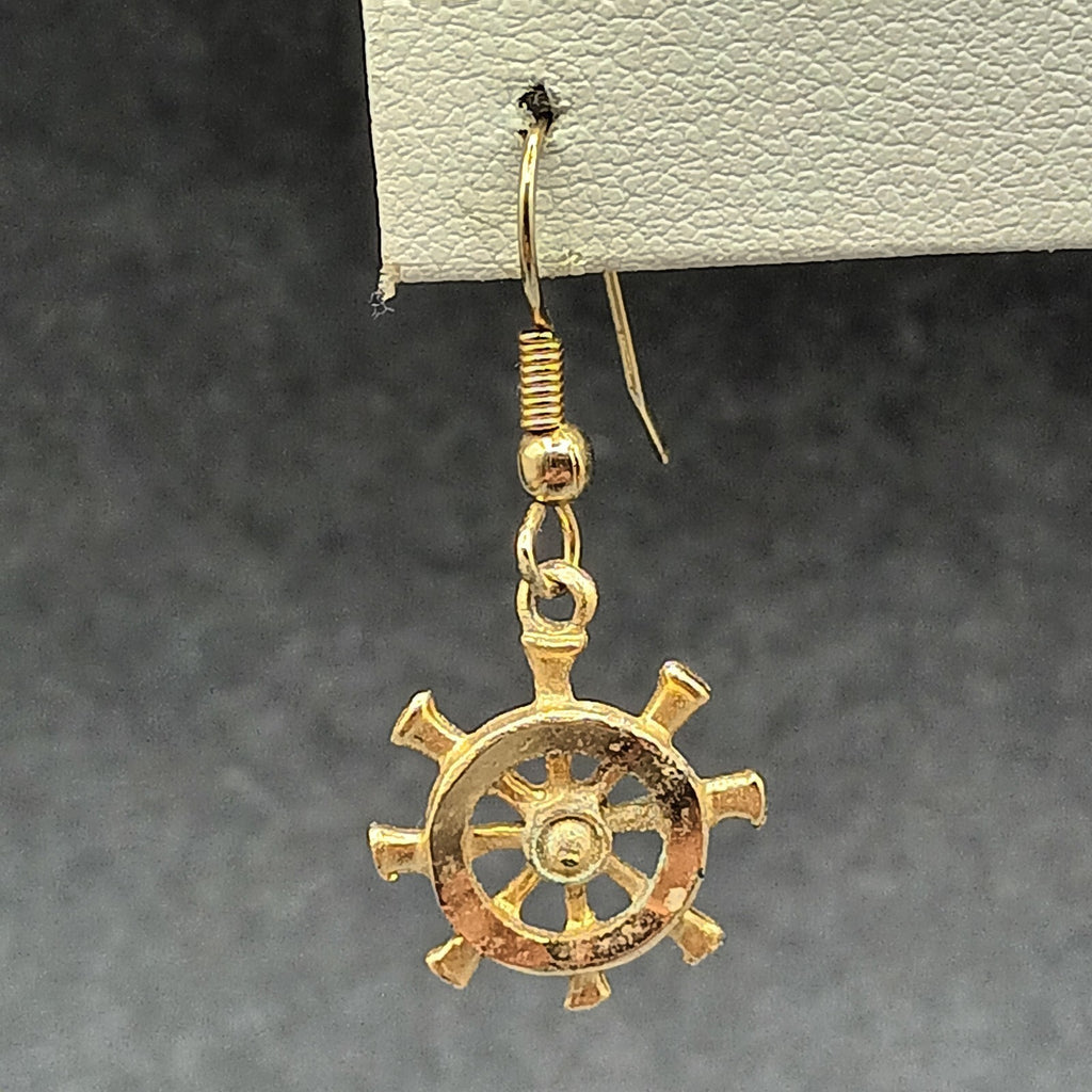 Pierced Earrings Gold tone Ship Wheel Nautical Theme Dangle 3/4"