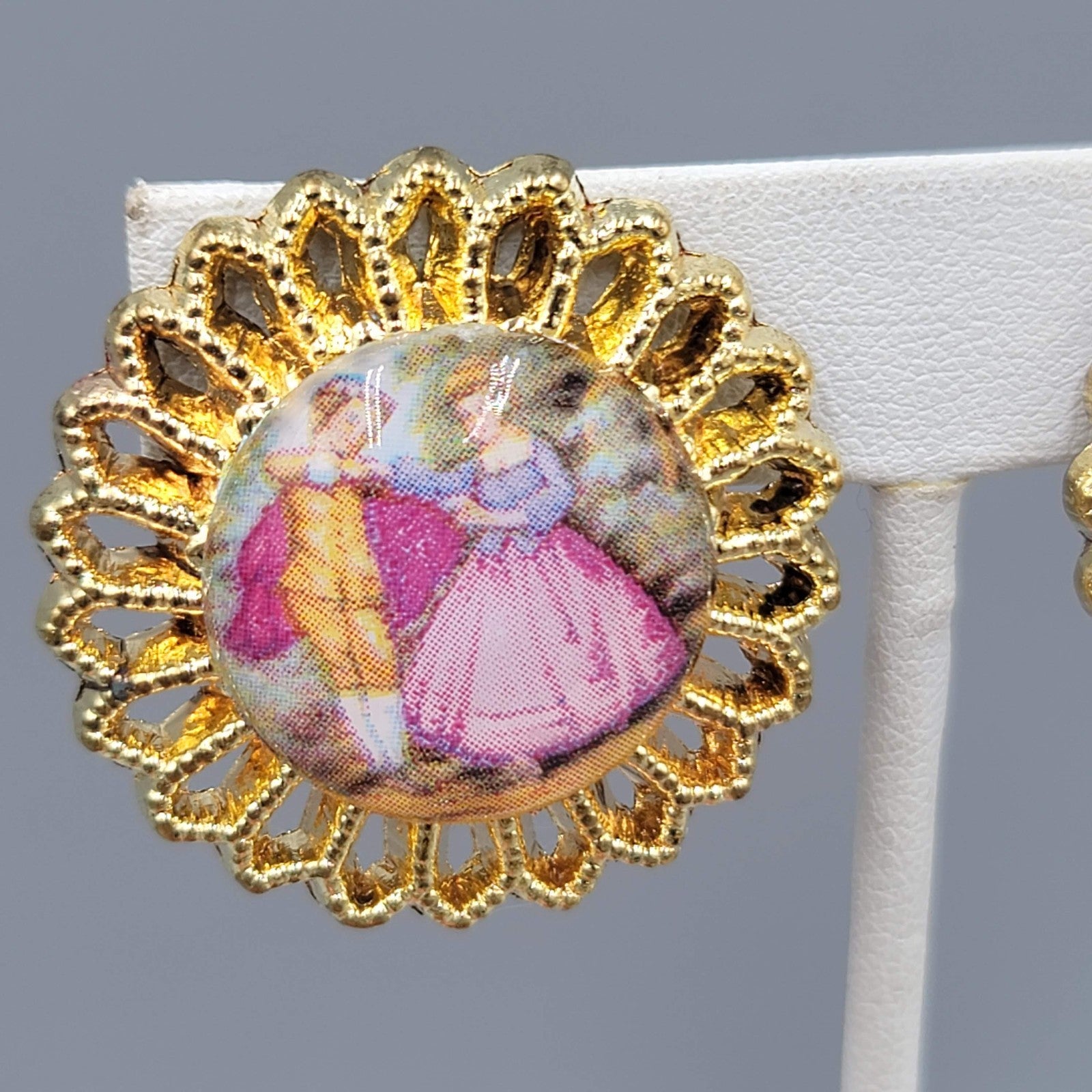 Vintage Victorian Scene Clip on Earrings Gold tone 1.25 in