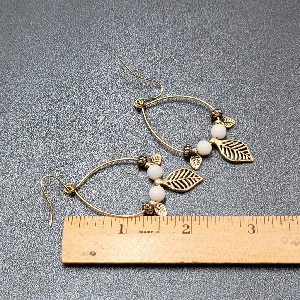 Pierced Earrings Gold tone White Bead Dangle Leaf Hoops 2.25"