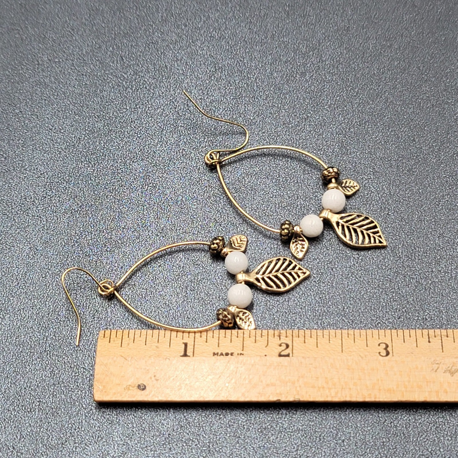 Pierced Earrings Gold tone White Bead Dangle Leaf Hoops 2.25"
