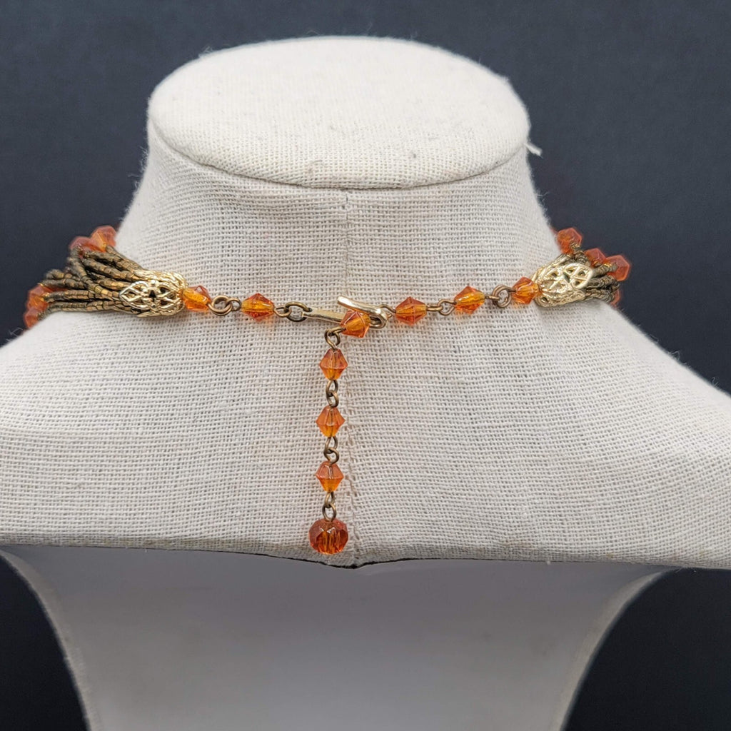 Vtg Japan Orange Glass Beaded Gold Tone Filigree 13 Strand Necklace 13.5"-16"