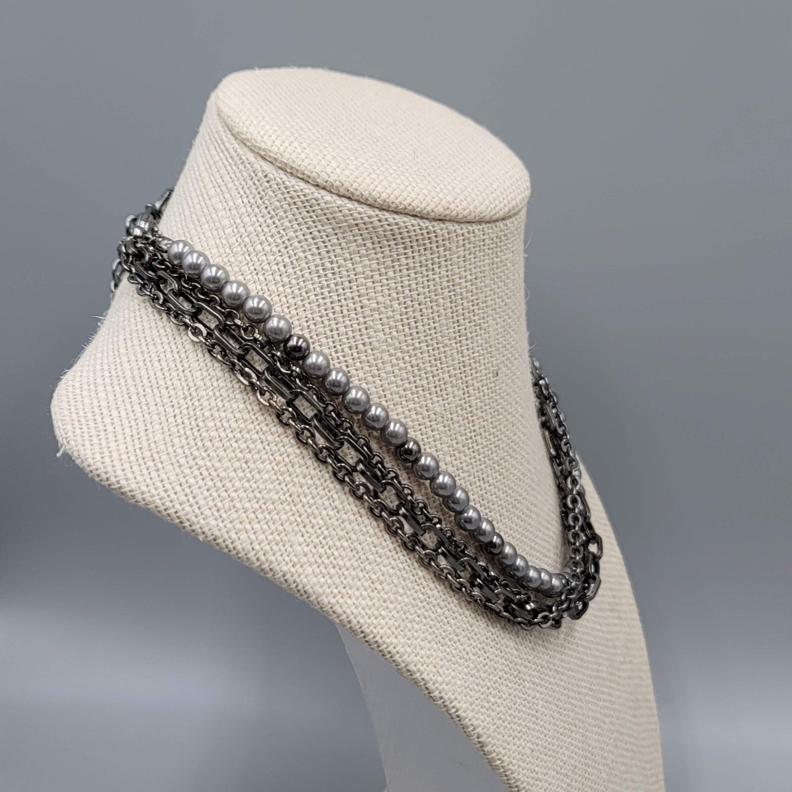 Black Metal Chains Gray Faux Pearl Necklace  Multi Strand 16"-19"