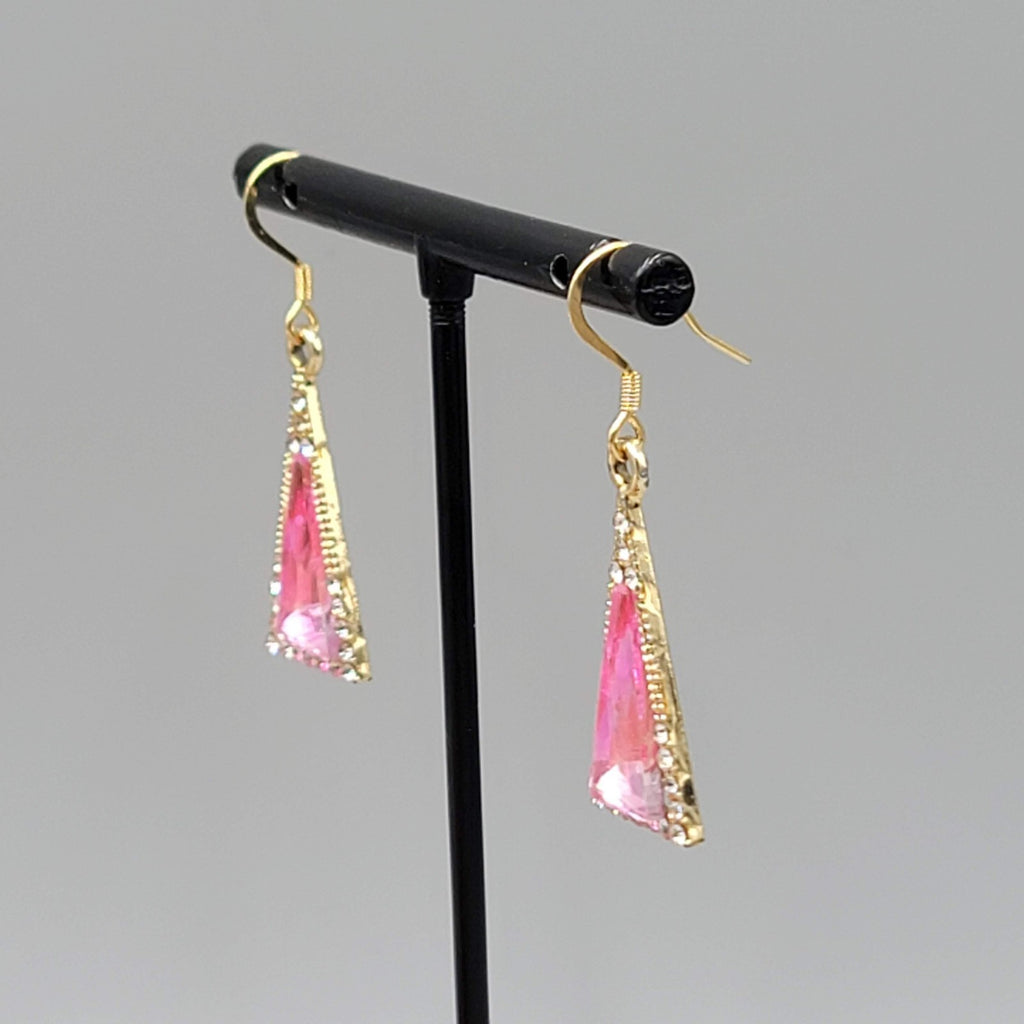 Triangle Pink Rhinestone Pierced Earrings Gold tone Dangle 7/8"