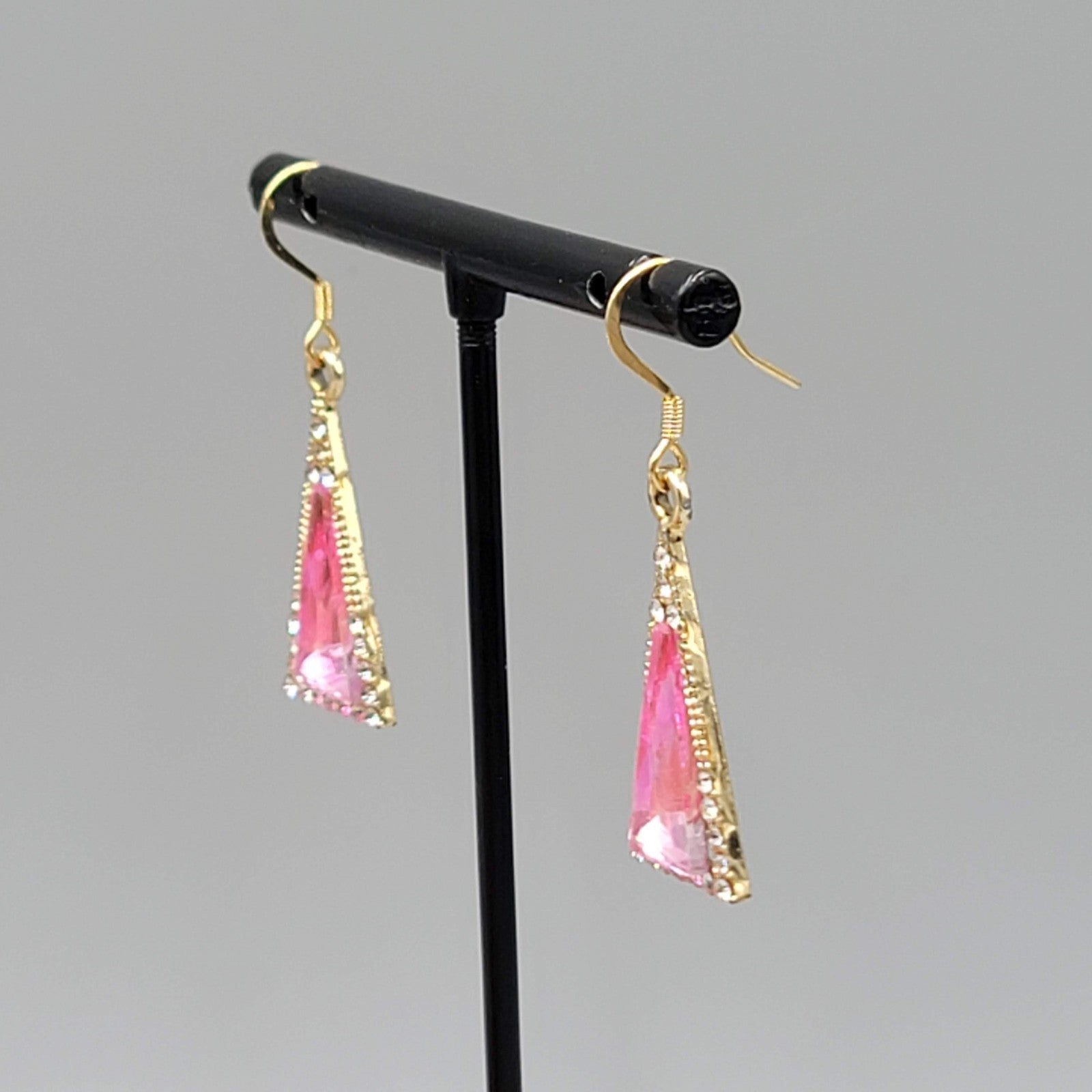 Triangle Pink Rhinestone Pierced Earrings Gold tone Dangle 7/8"