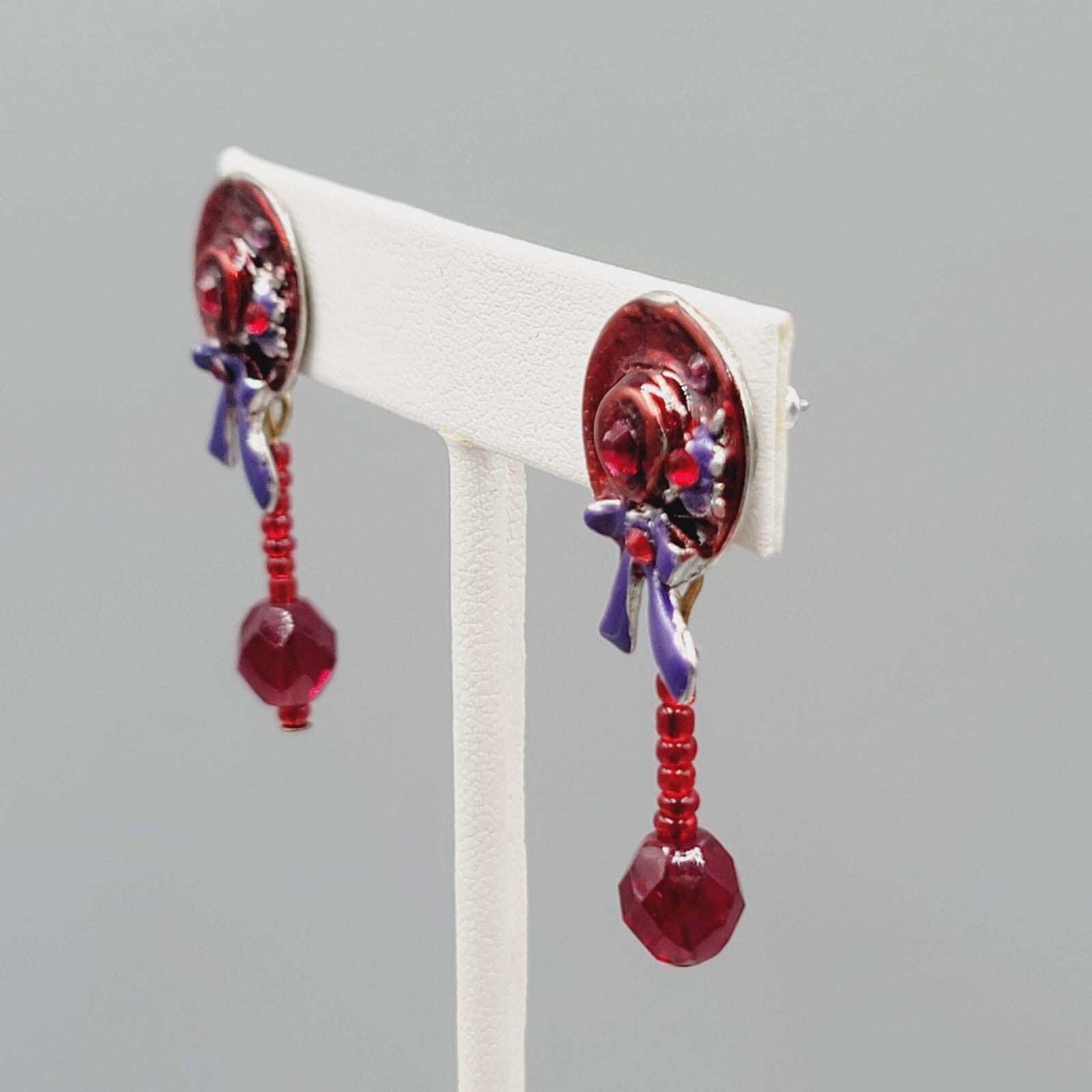Vintage Red Hat Society Pierced Earrings Enamel Dangle 1.5"