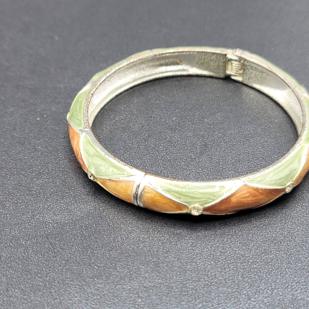 Hinged Bracelet Bangle Silver tone Crystal Green Orange Enamel