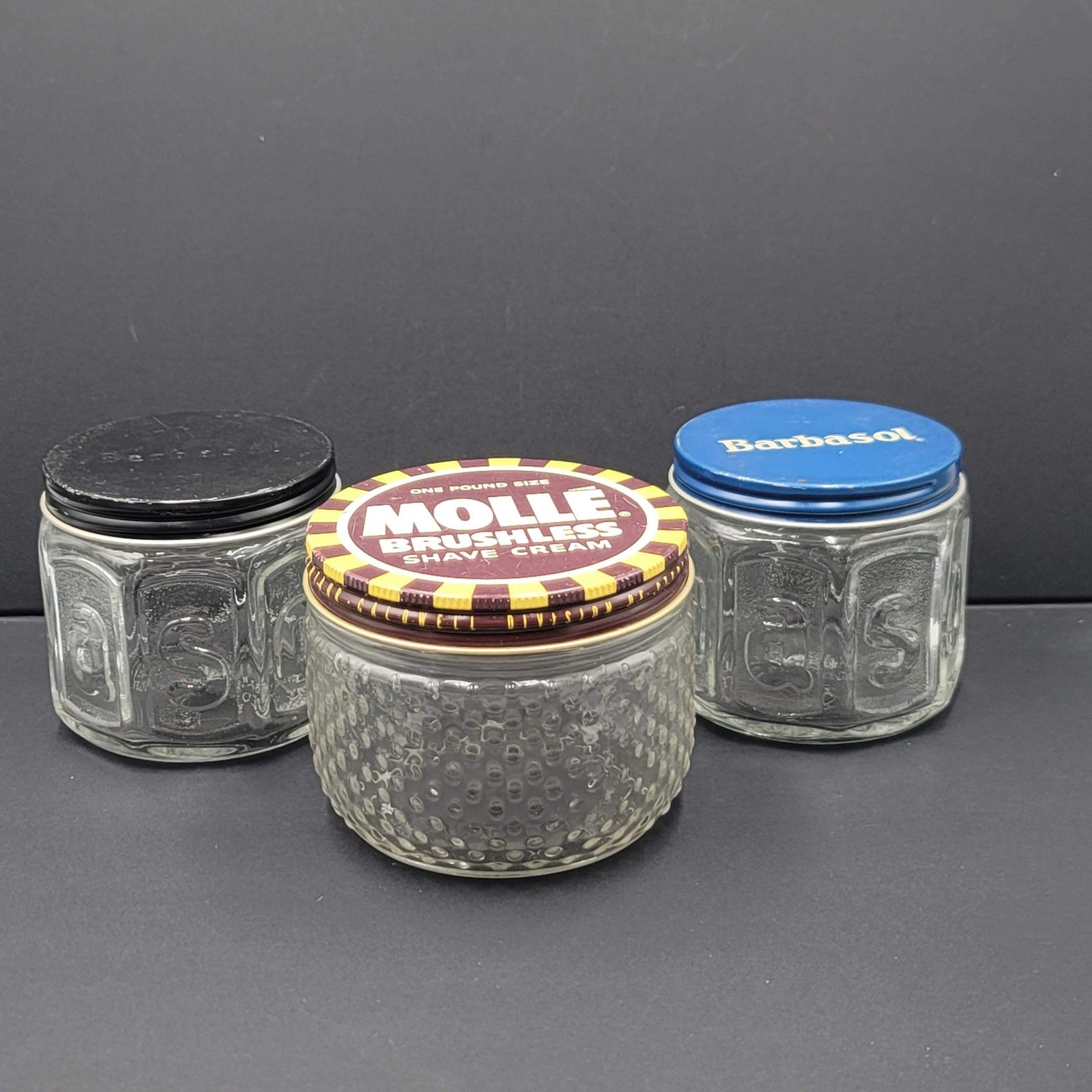 Lot of 3 Vintage Molle Barbosol Shaving Cream Embossed Glass Jars