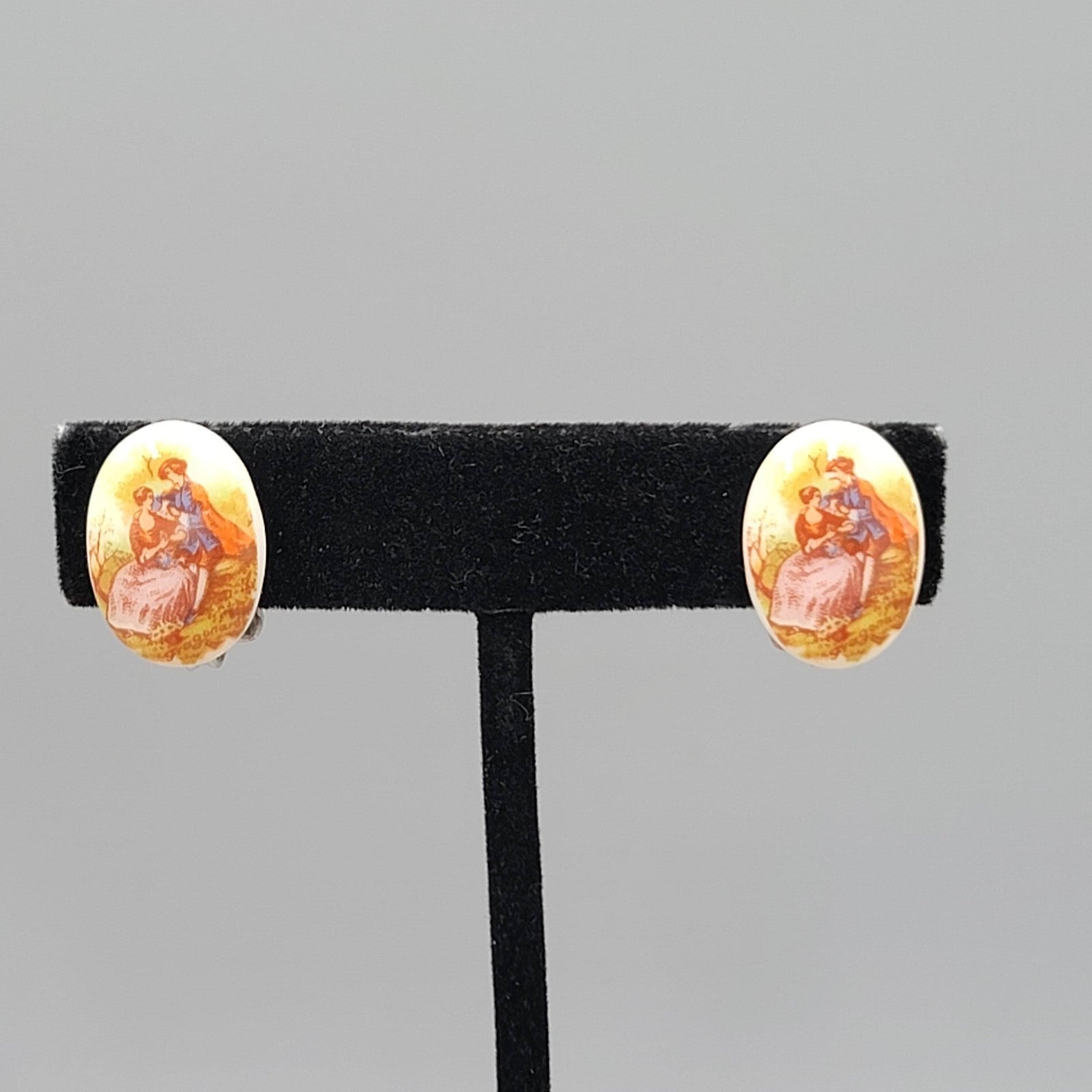 Vintage Victorian Scene Clip on Earrings Porcelain Oval Studs 3/4"