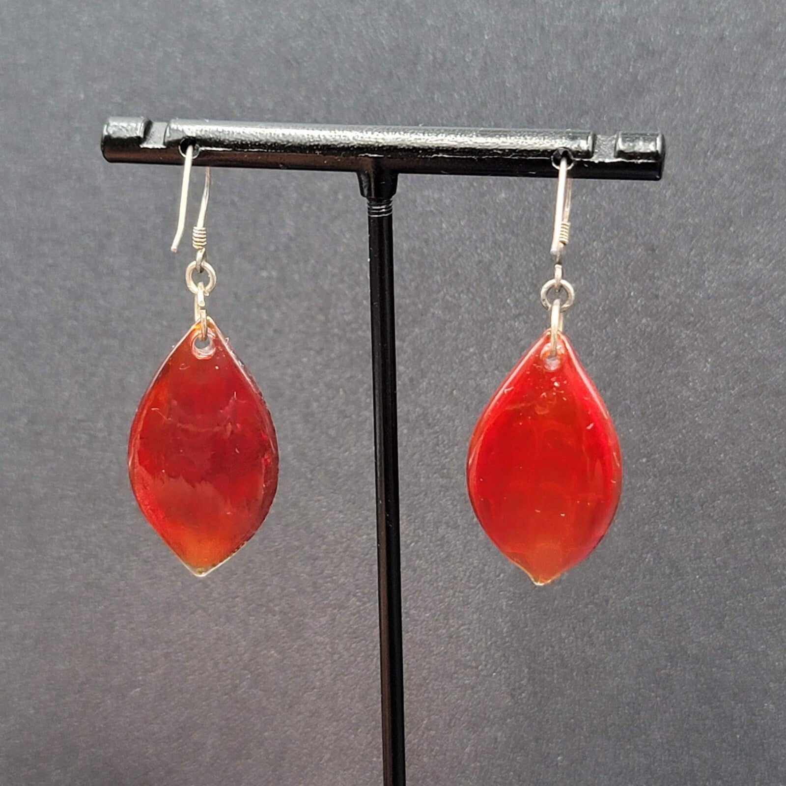 Sterling Silver Pierced Earrings Dichroic Red Glass Dangle 1.25"
