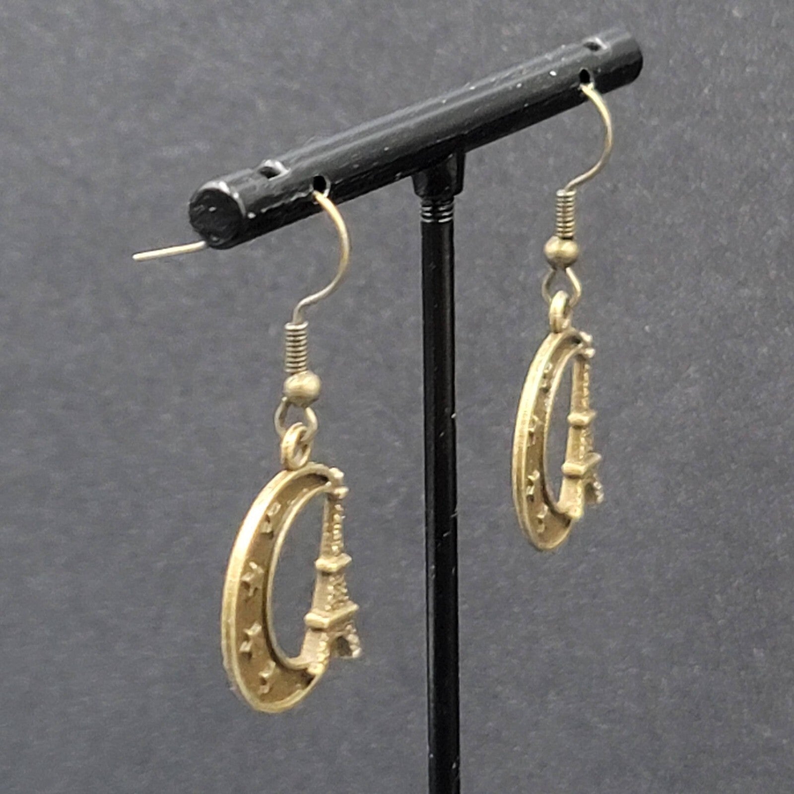 Crescent Moon Eiffel Tower Pierced Earrings Dangle Bronze tone New 7/8"