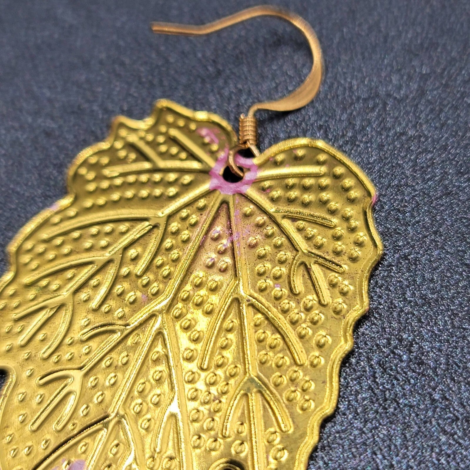 Pierced Earrings Gold tone Pink Enamel Large Statement Dangle Leaves Lightweight