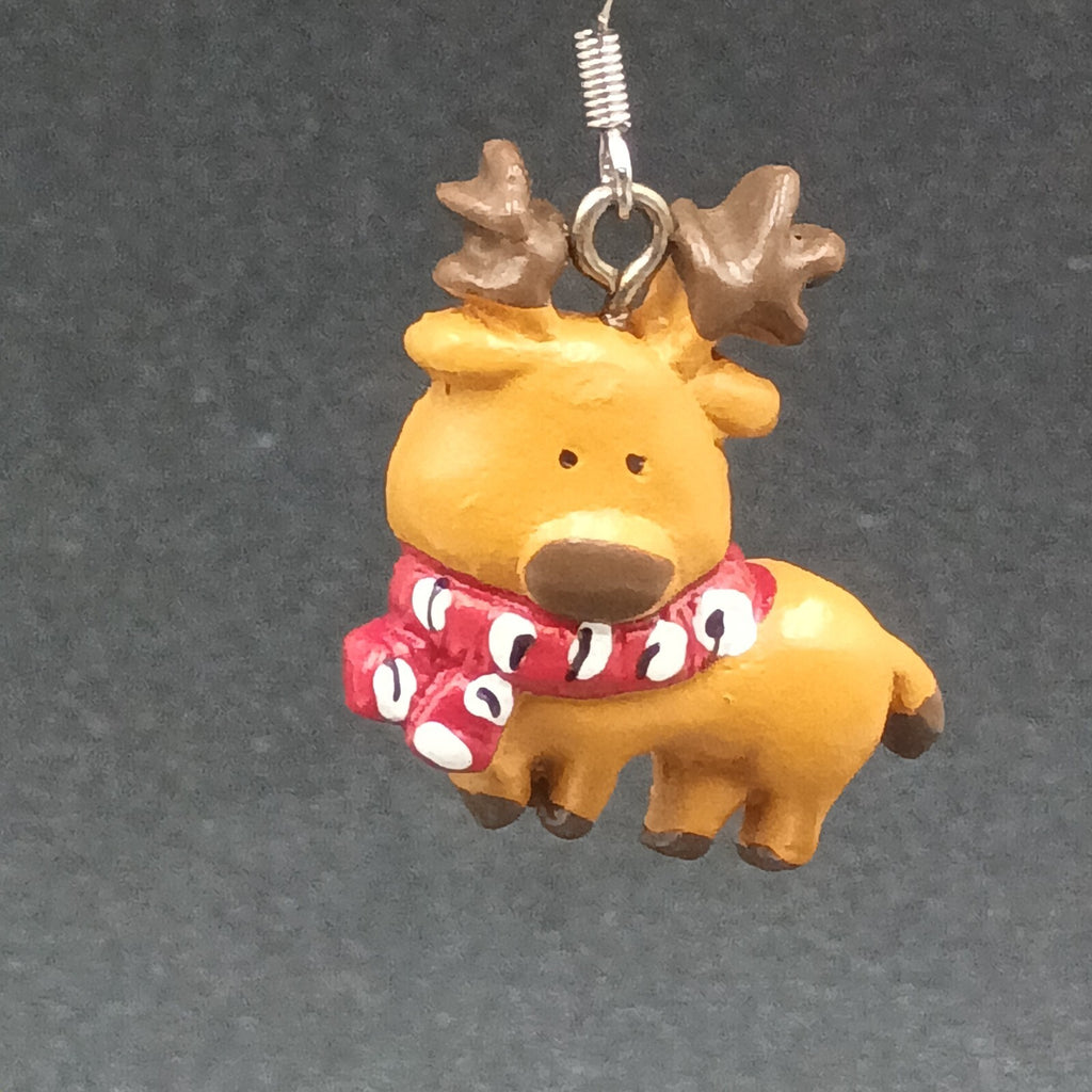 Pierced Earrings Christmas Painted Reindeer Statement Dangle 1"