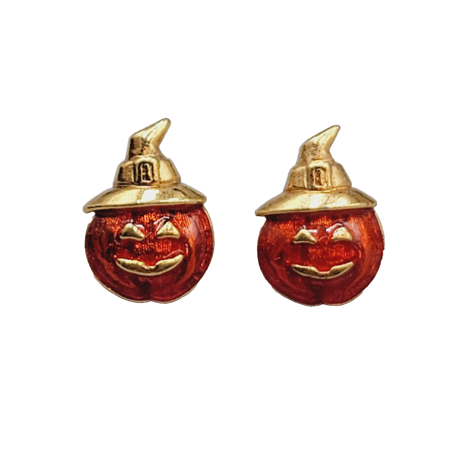 Avon Jack o Lantern Pierced Earrings Gold tone Orange Enamel Studs 5/8"
