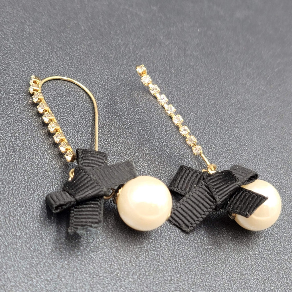 Pierced Earrings Gold tone Rhinestone Faux Pearl Black Grosgrain Ribbon Bow 2"